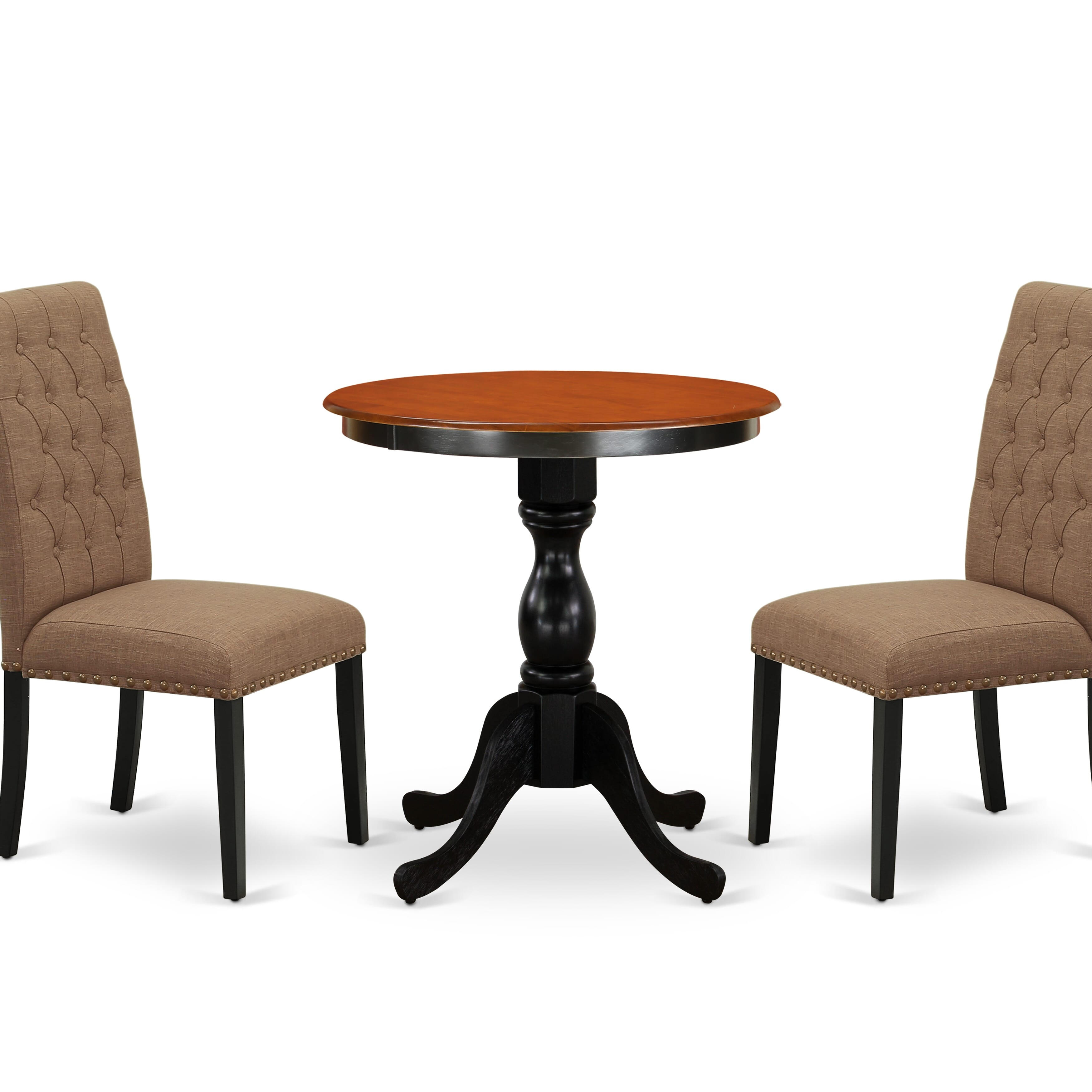 East West Furniture ESBR3-BCH-17 3-Piece Mid Century Dining SetInclude a Dining Table and 2 Light Sable Linen Fabric Padded Chairs with Button Tufted Back - Black Finish