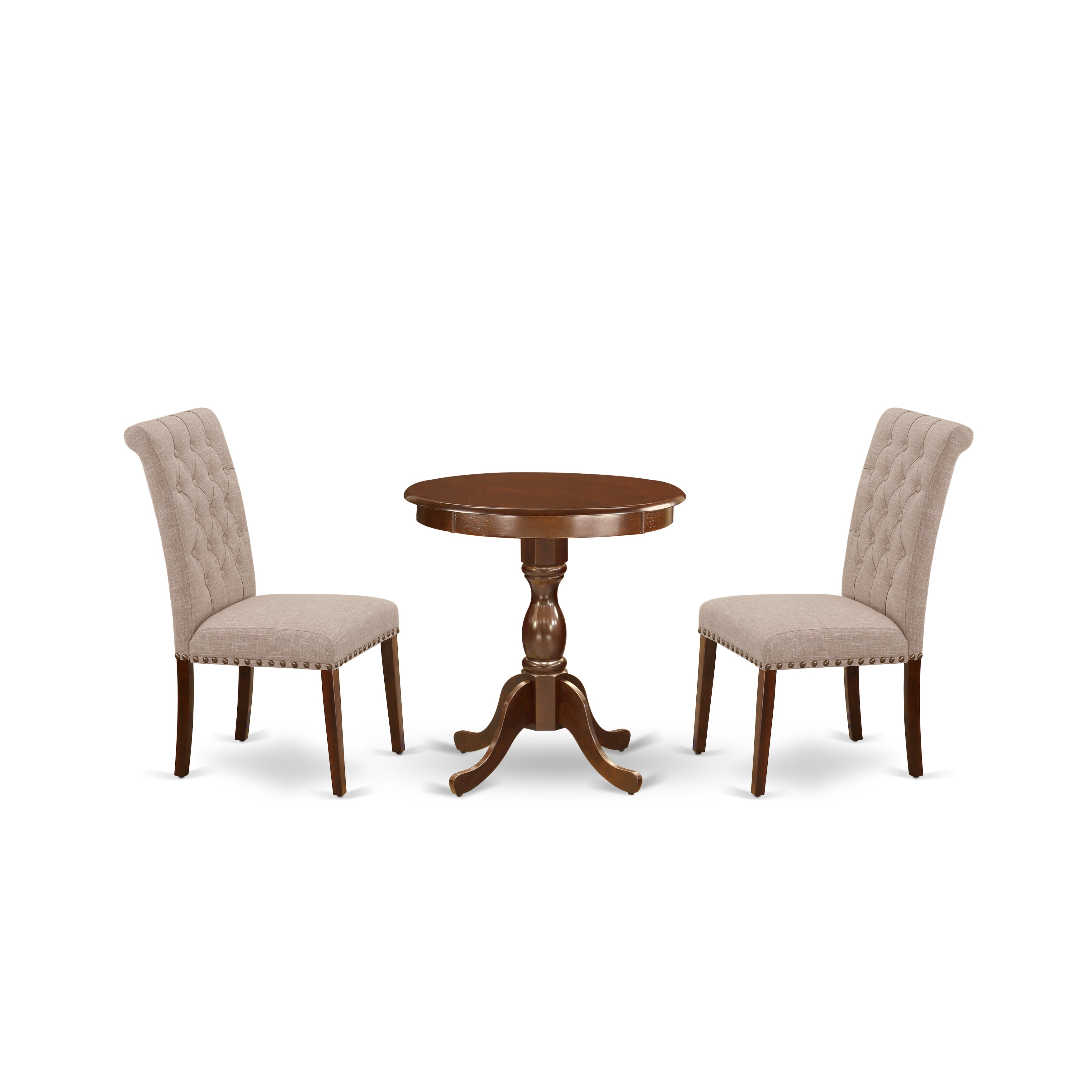 EAST WEST FURNITURE - ESBR3-MAH-04 - 3-Pc Dining Table Set - 2 Upholstered Dining Chairs Linen Fabric with Button Tufted Back and 1 Dining Room Table - Mahogany Finish
