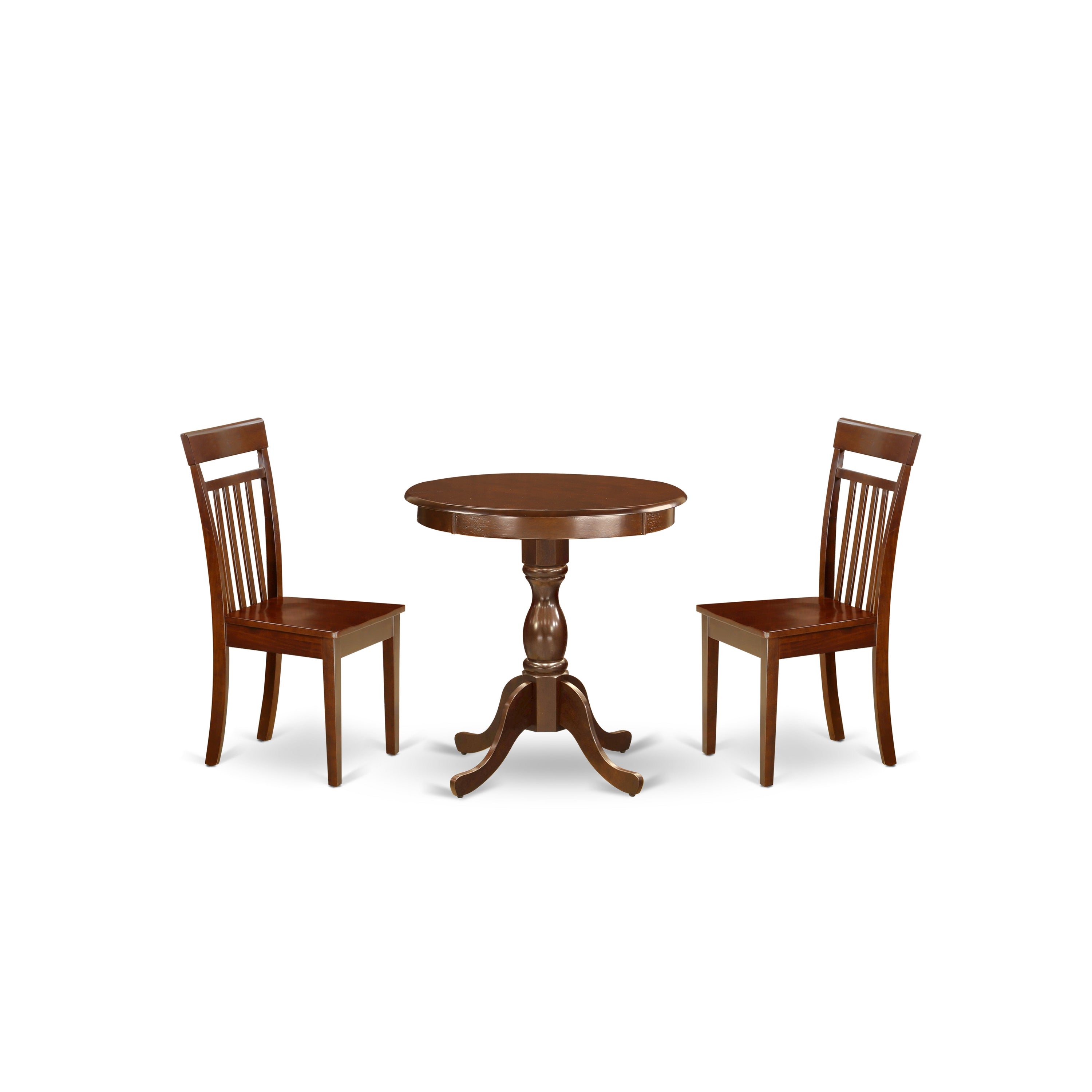 Juego de comedor de 3 piezas ESCA3-MAH-W de East West Furniture para espacios pequeños. Contiene una mesa de comedor redonda con pedestal y 2 sillas de comedor de cocina.