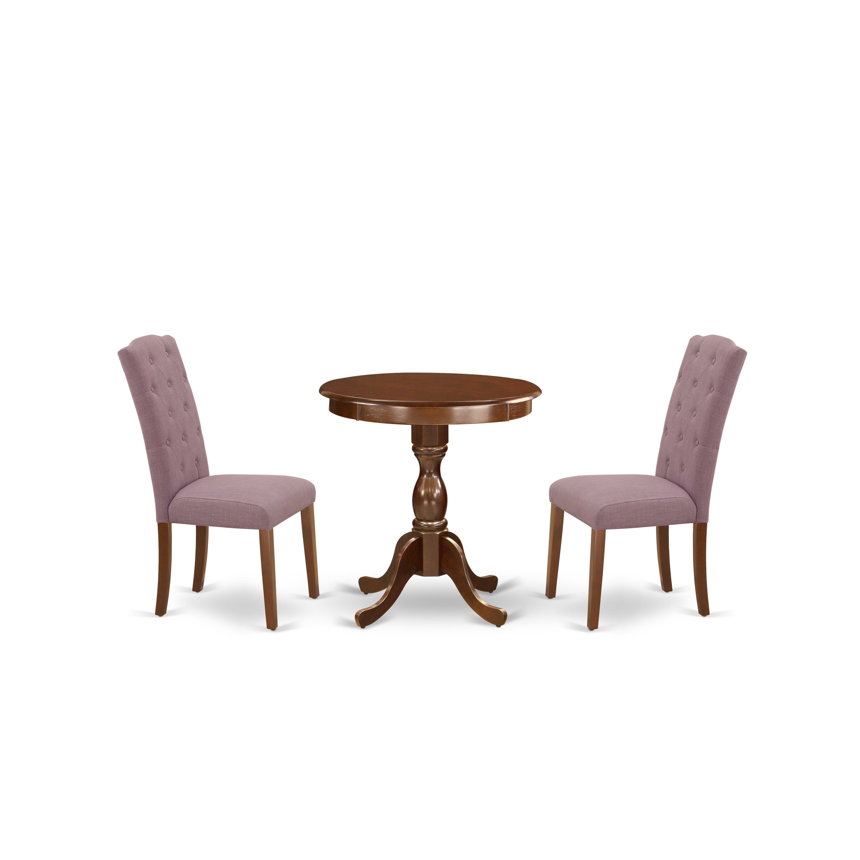 Juego de mesa de cocina de 3 piezas ESCE3-MAH-10 de East West Furniture. Incluye una mesa de comedor redonda con pedestal y dos sillas de comedor Parsons de tela de lino Dahlia.
