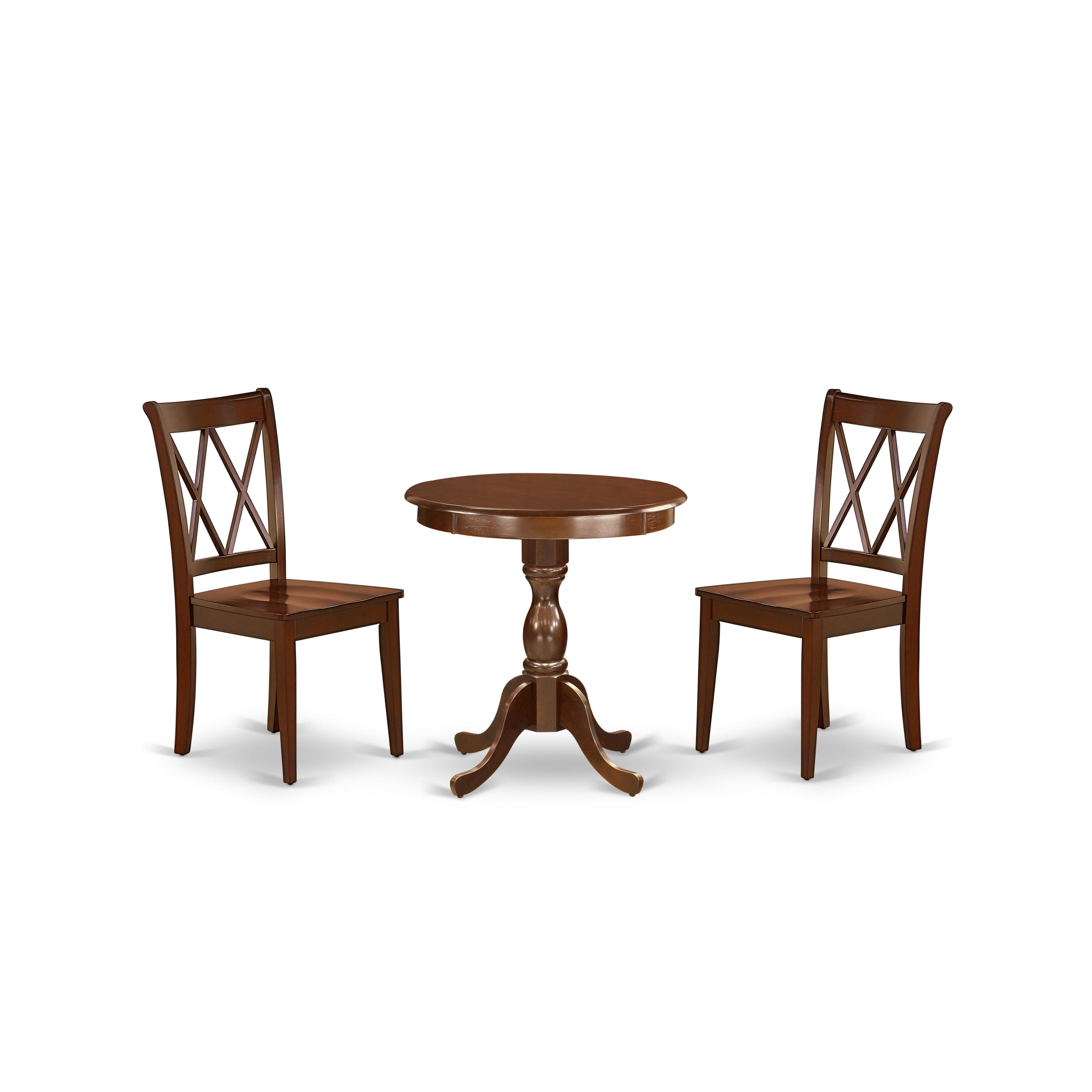 Juego de comedor de 3 piezas ESCL3-MAH-W de East West Furniture para espacios pequeños. Contiene una mesa de comedor redonda con pedestal y 2 sillas de comedor.