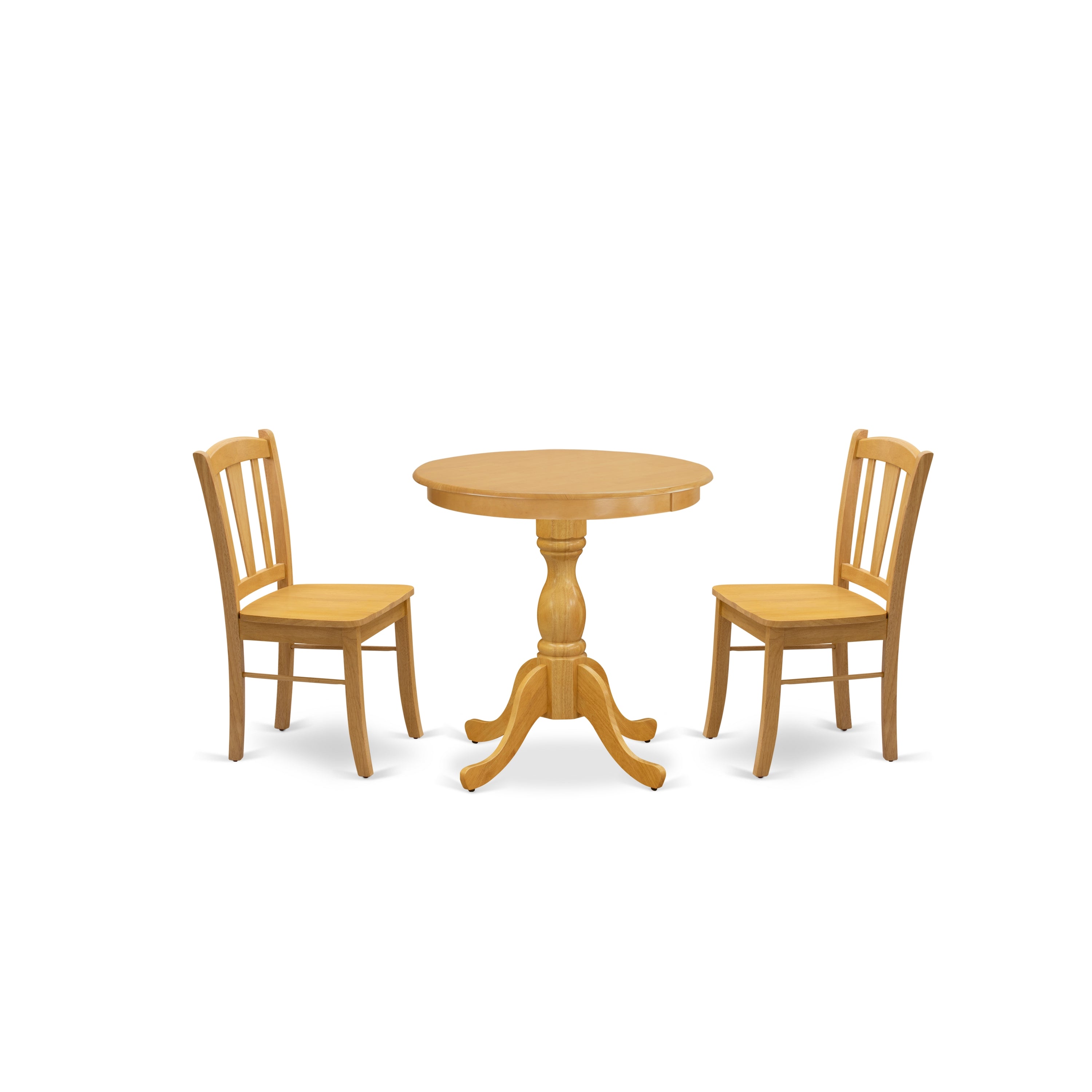 Juego de mesa de cocina de 3 piezas East West Furniture ESDL3-OAK-W para espacios pequeños. Contiene una mesa de comedor redonda con pedestal y 2 sillas con asiento de madera maciza.