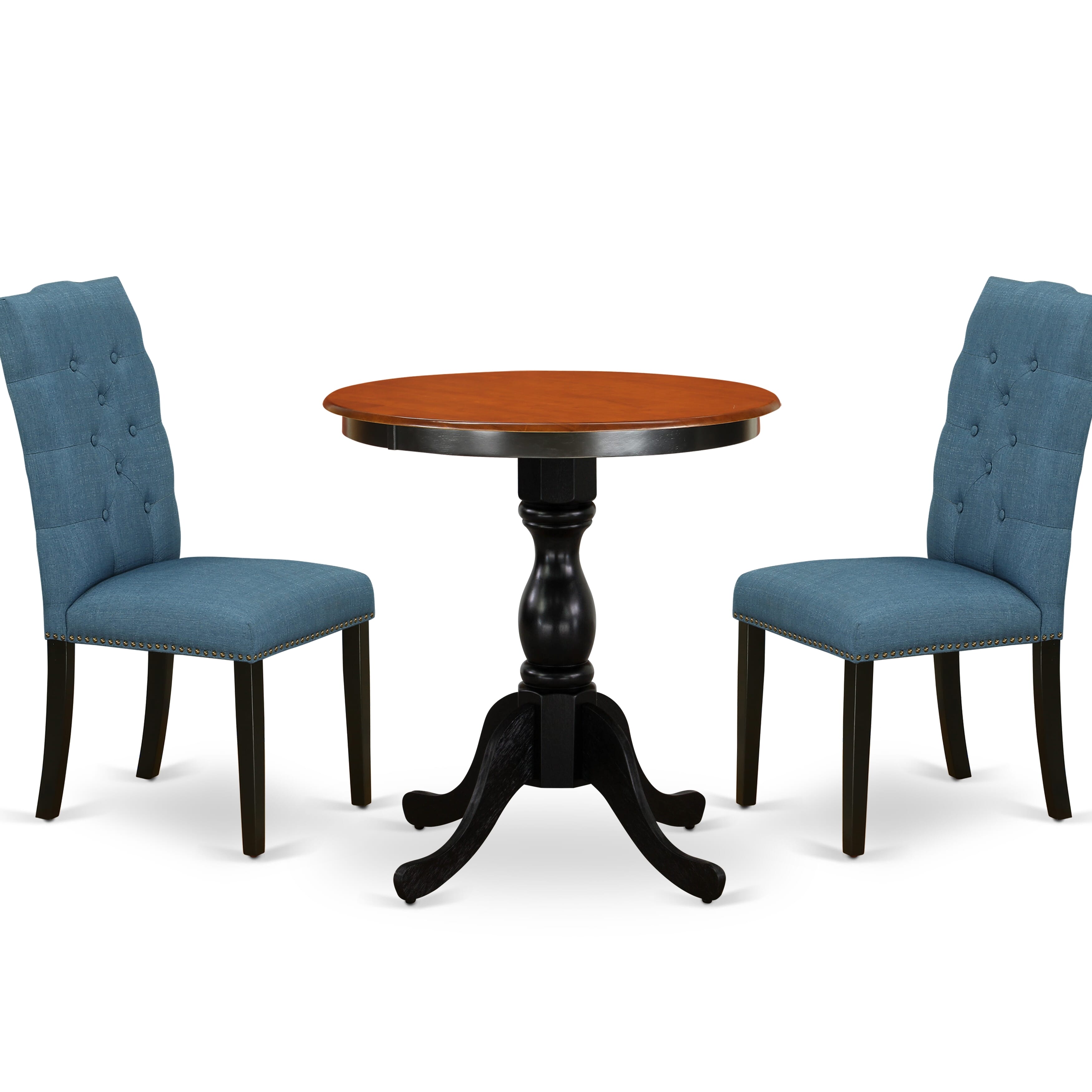 Juego de muebles de comedor de 3 piezas East West Furniture ESEL3-BCH-21 que incluye una mesa de comedor redonda con pedestal y 2 sillas tapizadas en tela de lino azul.