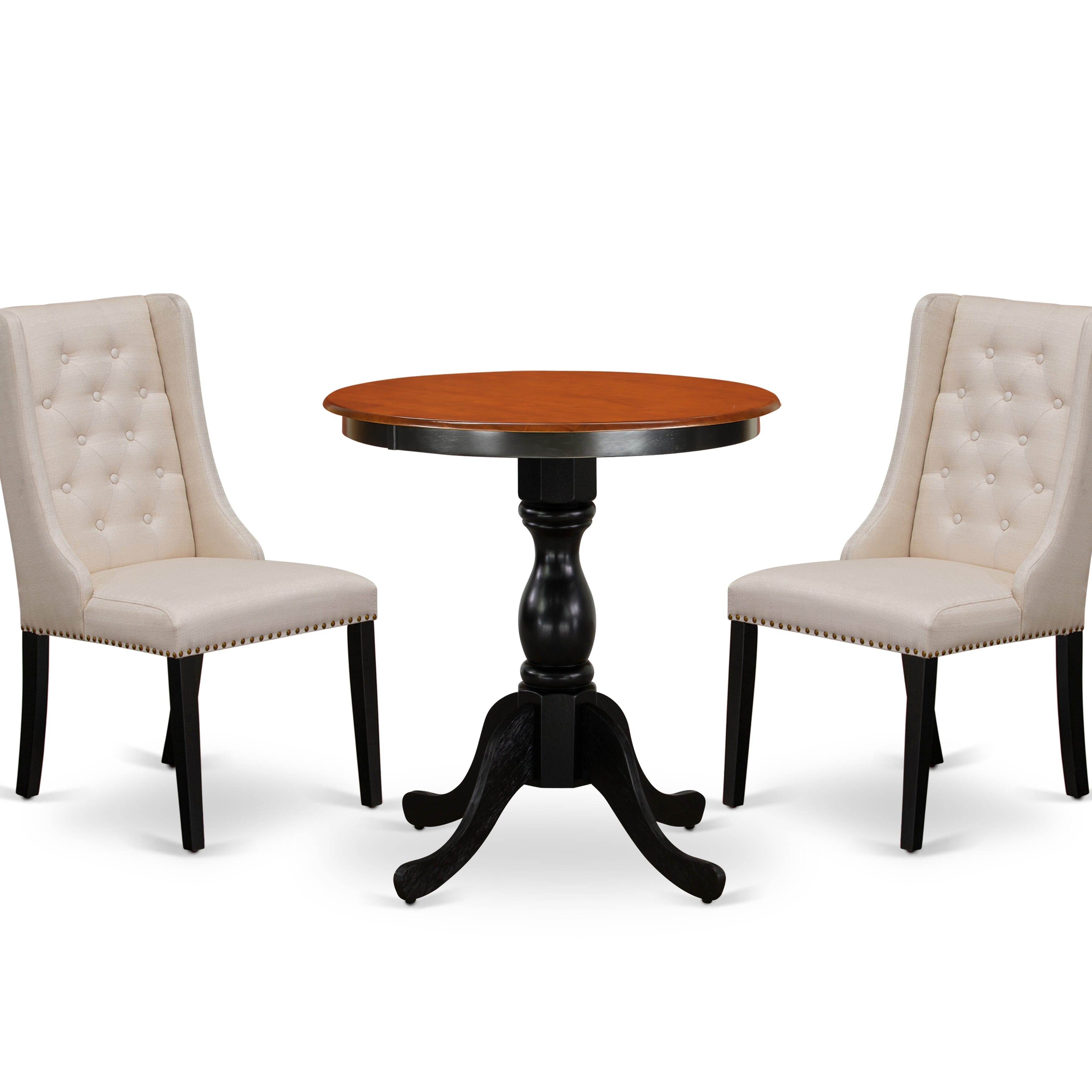 East West Furniture ESFO3-BCH-01 3-Piece Mid Century Dining Set Consist of Dining Table and 2 Cream Linen Fabric Parson Chairs with Button Tufted Back - Black Finish