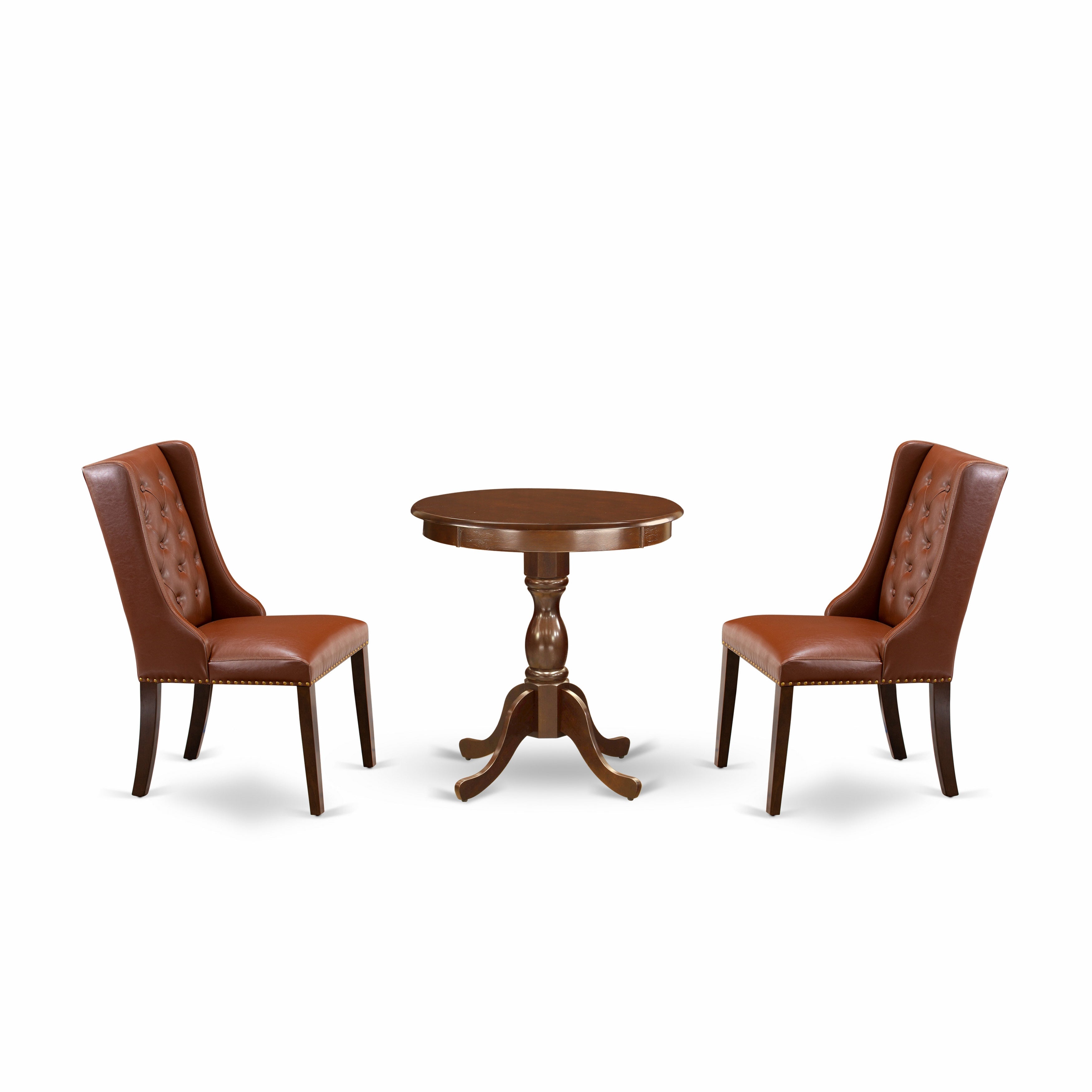 Juego de comedor de 3 piezas ESFO3-MAH-46 de East West Furniture para espacios pequeños. Contiene una mesa de comedor redonda con pedestal y 2 sillas tapizadas en piel sintética marrón.