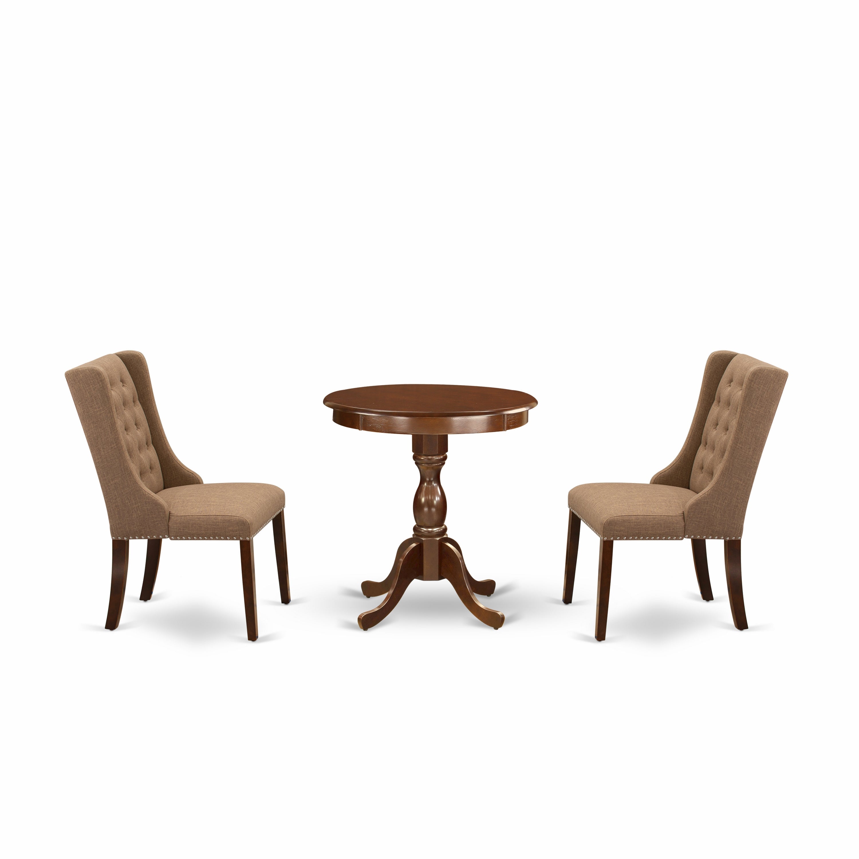 Juego de mesa de comedor de 3 piezas ESFO3-MAH-47 de East West Furniture. Incluye una mesa de comedor redonda con pedestal y dos sillas tapizadas en tela de lino color sable claro.