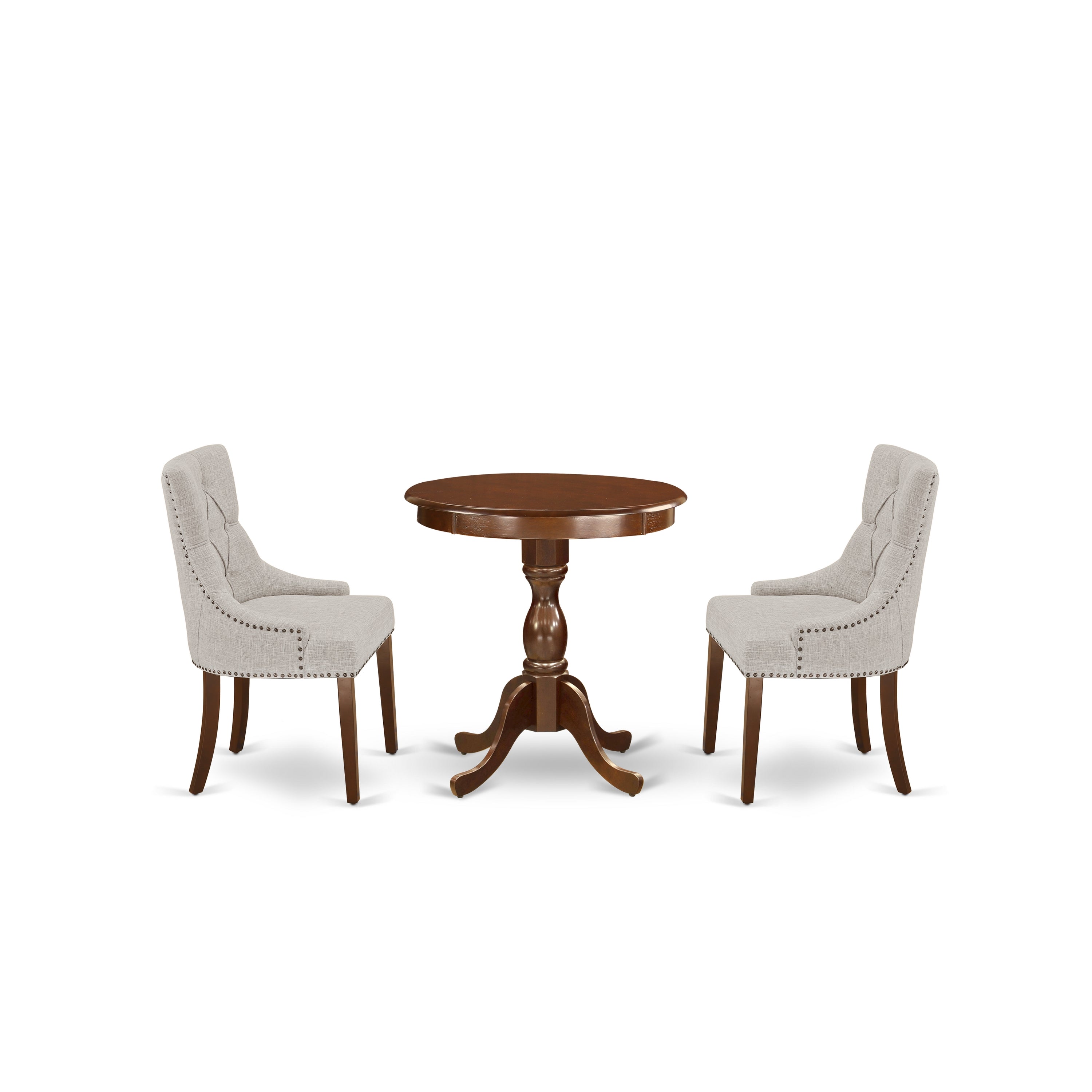 EAST WEST FURNITURE - ESFR3-MAH-05 - 3-Piece Kitchen Dining Set - 2 Arms Dining Padded Chairs Linen Fabric with Button Tufted Back and 1 Wooden Dining Table - Mahogany Finish