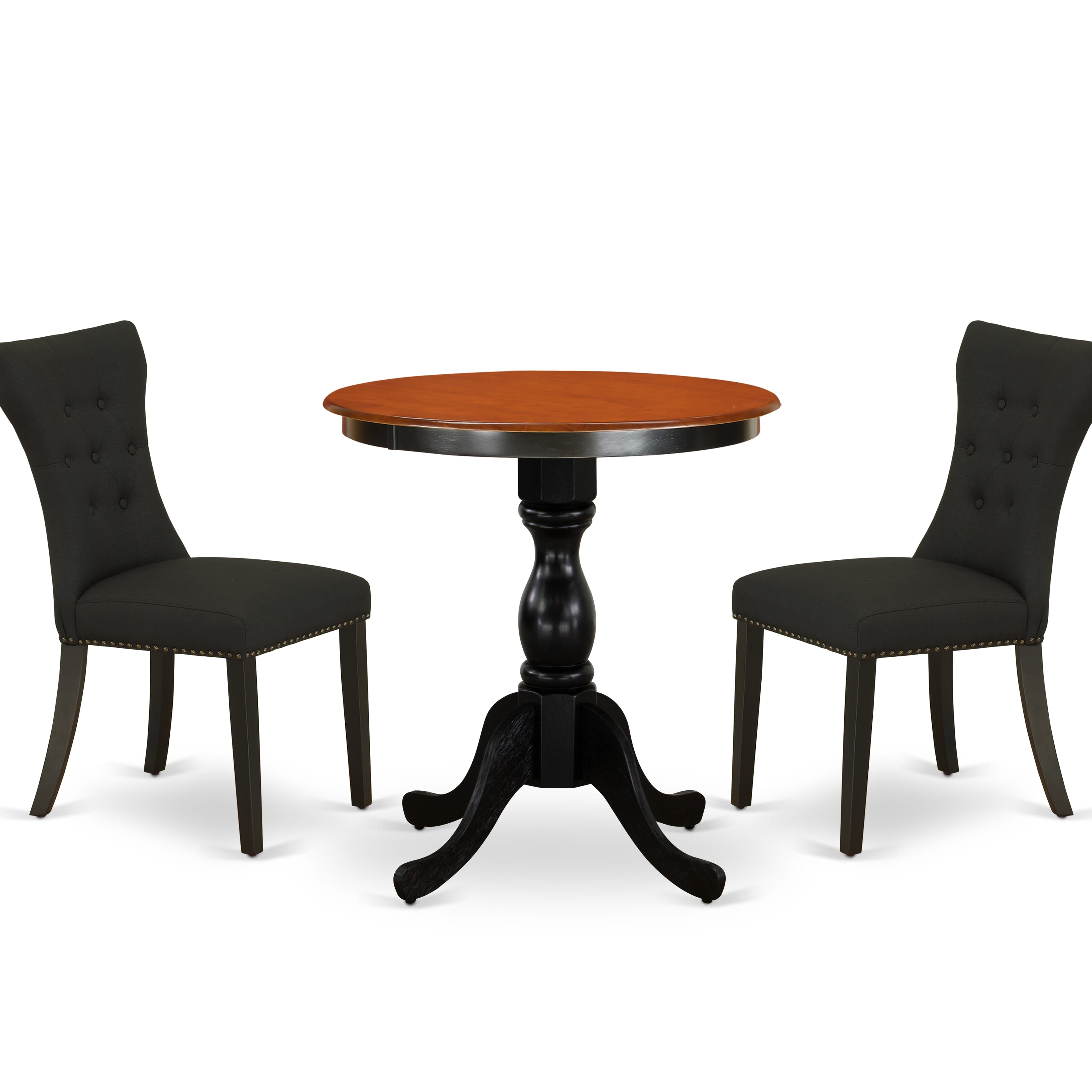 Juego de mesa de cocina de 3 piezas East West Furniture ESGA3-BCH-24 para espacios pequeños. Incluye una mesa de comedor redonda con pedestal y dos sillas acolchadas de tela de lino negro.