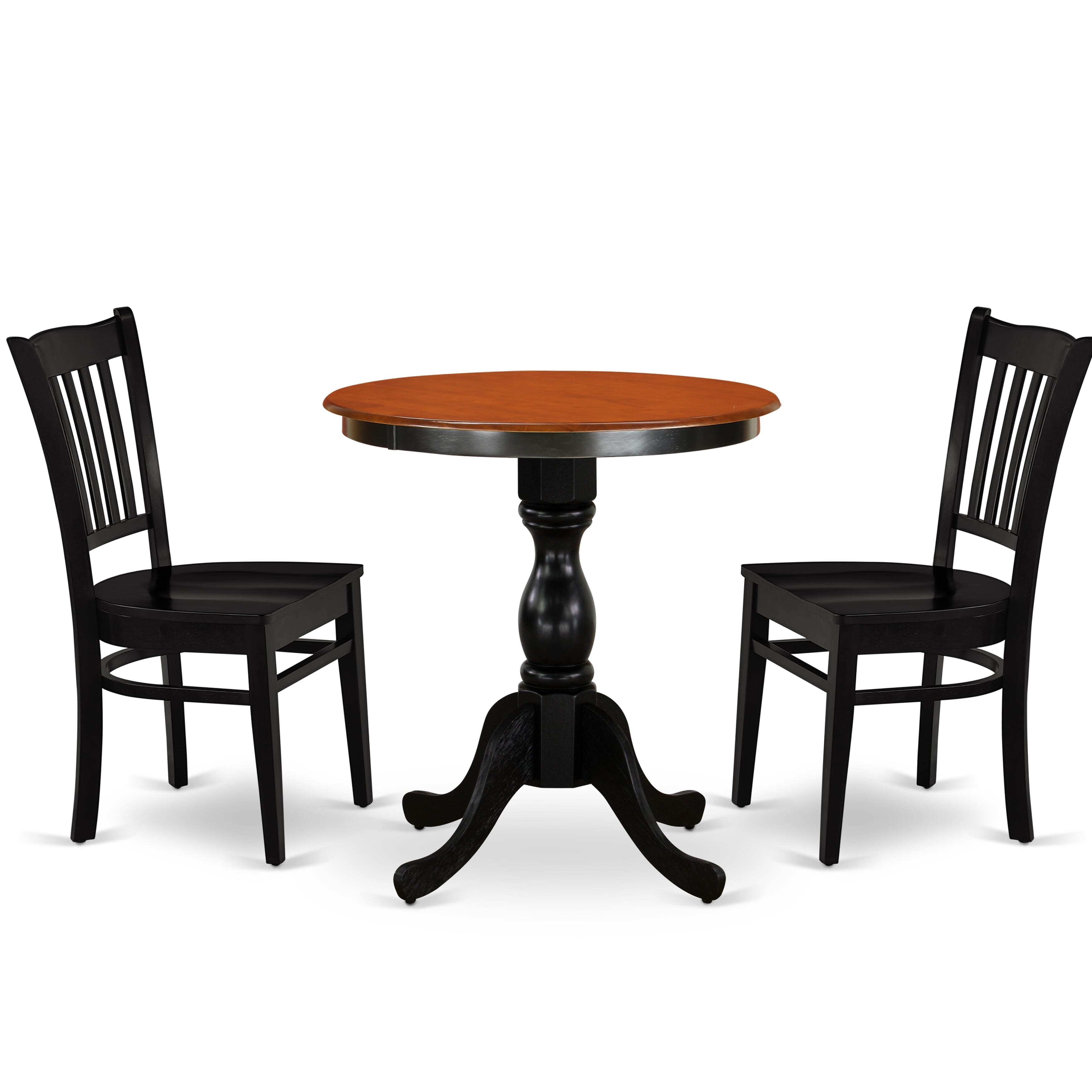 East West Furniture ESGR3-BCH-W 3-Piece Dinner Table Set Consist of Mid Century Table and 2 Wooden Chairs with Slatted Back - Black Finish