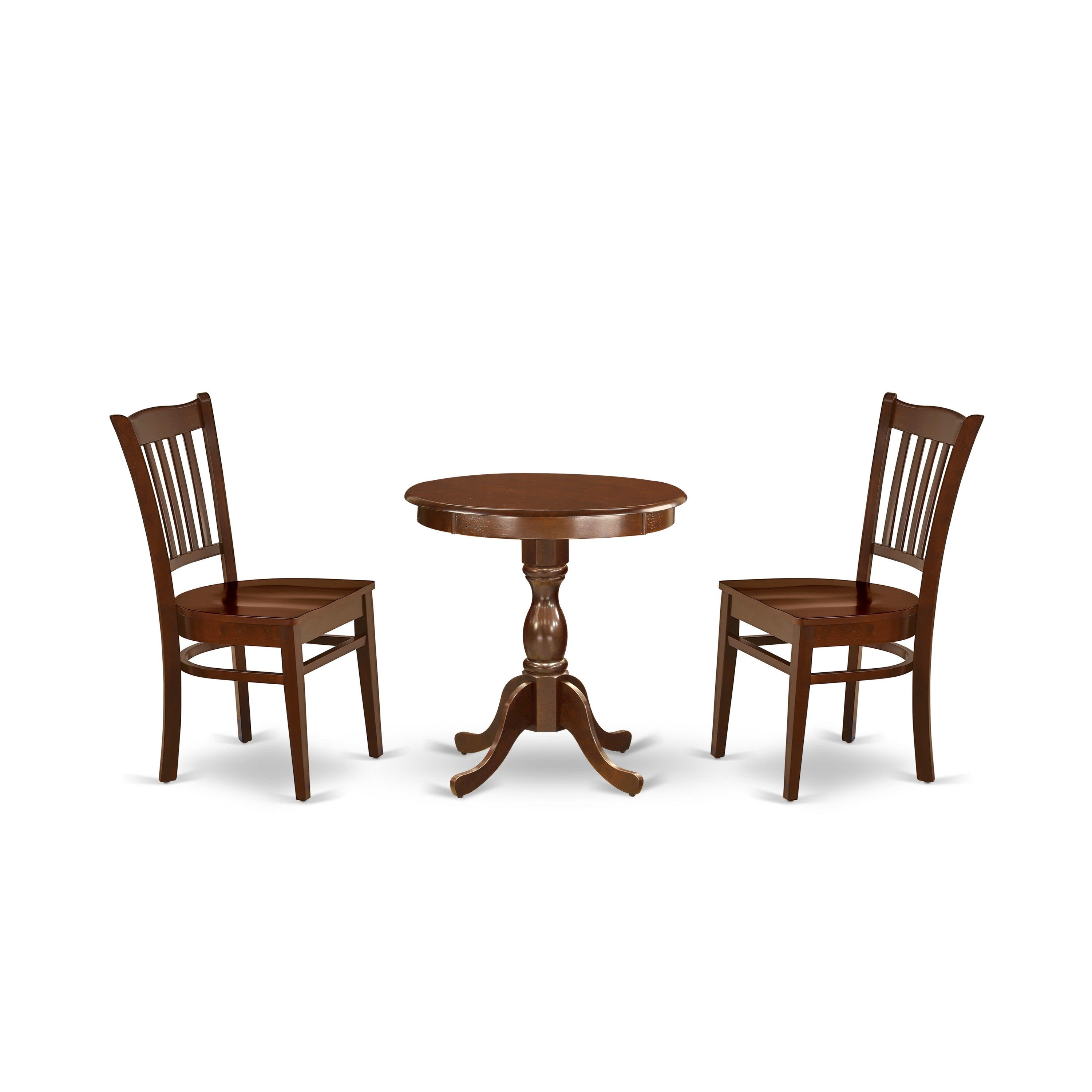 Juego de comedor de 3 piezas ESGR3-MAH-W de East West Furniture. Incluye una mesa de comedor redonda con pedestal y 2 sillas de cocina.