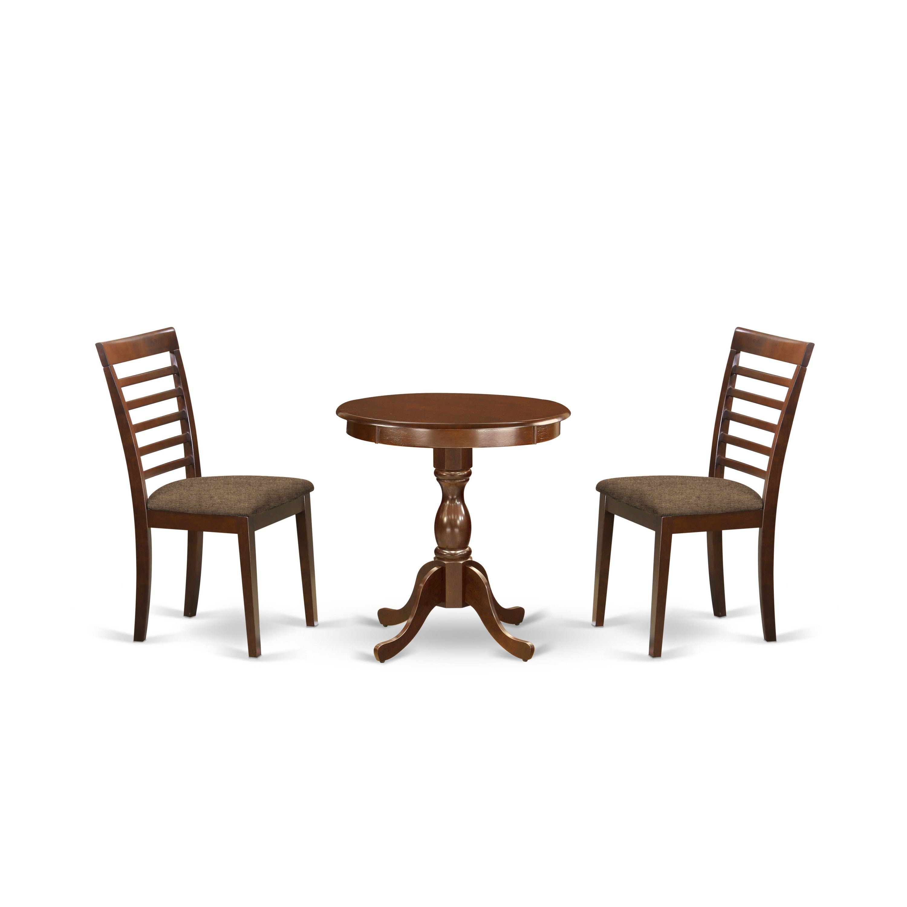 Juego de mesa y sillas de cocina de 3 piezas ESML3-MAH-C de East West Furniture. Incluye una mesa de comedor redonda con pedestal y 2 sillas de comedor de tela de lino.