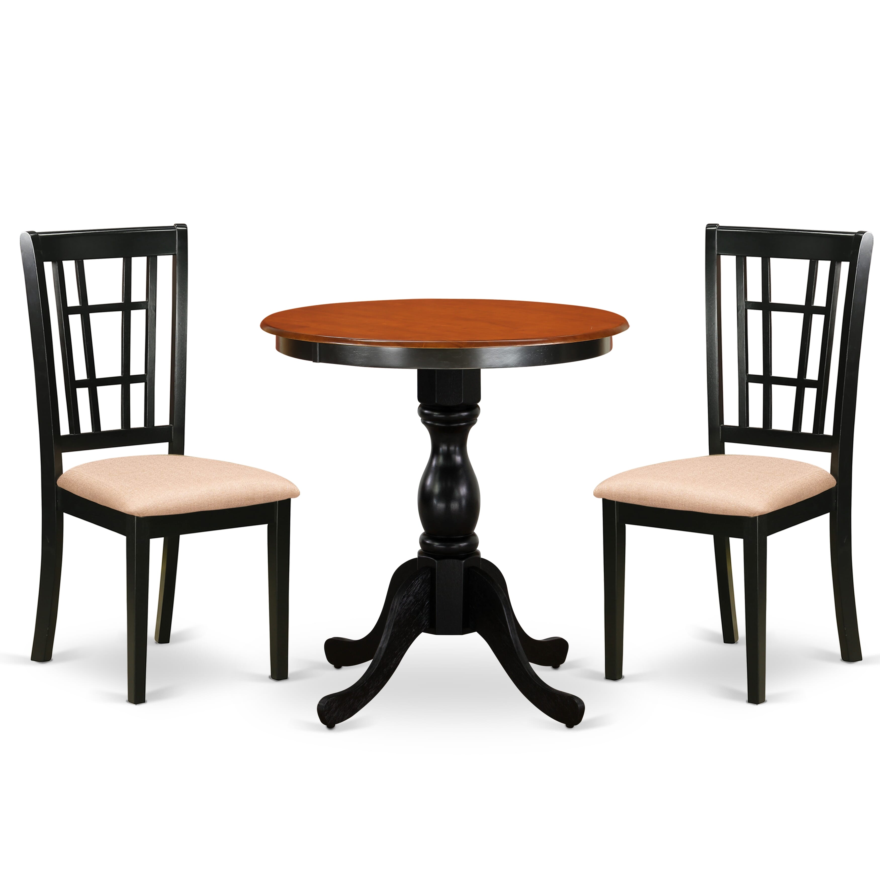East West Furniture ESNI3-BCH-C 3-Piece Dining Table SetInclude a Modern Dining Table and 2 Linen Fabric Dining Room Chairs with Slatted Back- Black Finish