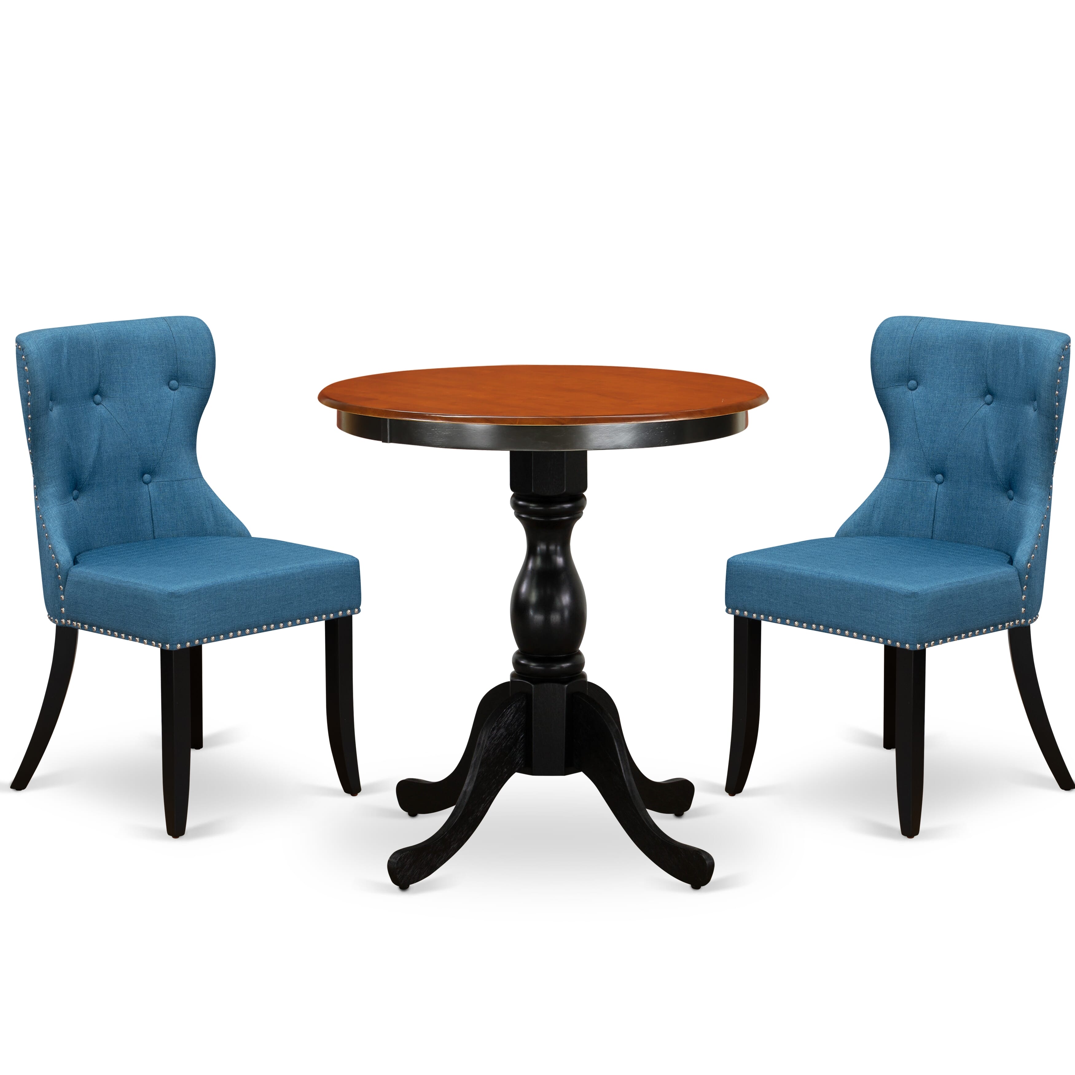Juego de comedor de 3 piezas East West Furniture ESSI3-BCH-21 para espacios pequeños. Contiene una mesa de comedor redonda con pedestal y 2 sillas Parson tapizadas en tela de lino azul.