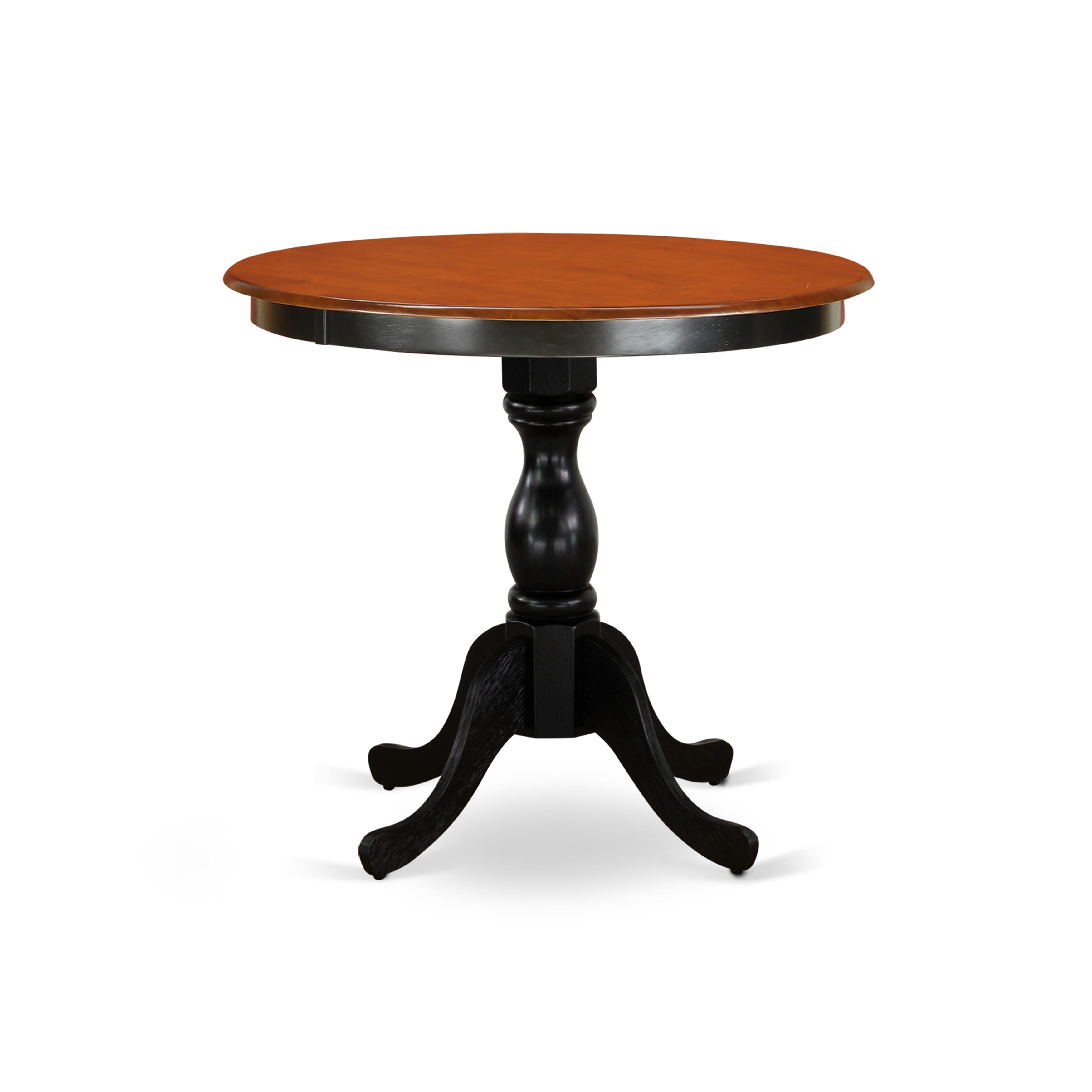 Juego de mesa de cocina de 3 piezas East West Furniture ESGA3-BCH-24 para espacios pequeños. Incluye una mesa de comedor redonda con pedestal y dos sillas acolchadas de tela de lino negro.