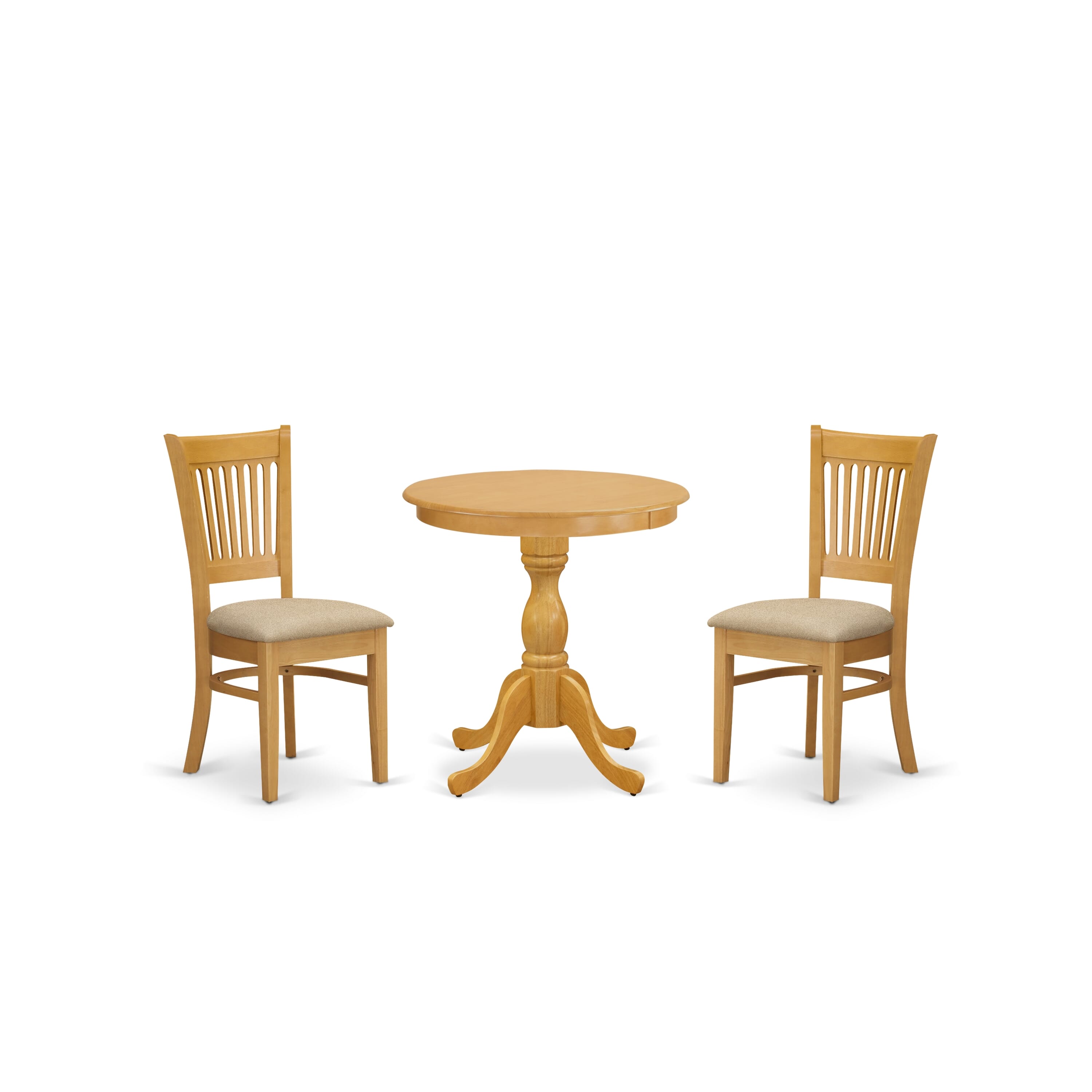 Juego de mesa de comedor de 3 piezas East West Furniture ESVA3-OAK-C para espacios pequeños. Contiene una mesa de comedor redonda con pedestal y 2 sillas tapizadas en tela de lino.