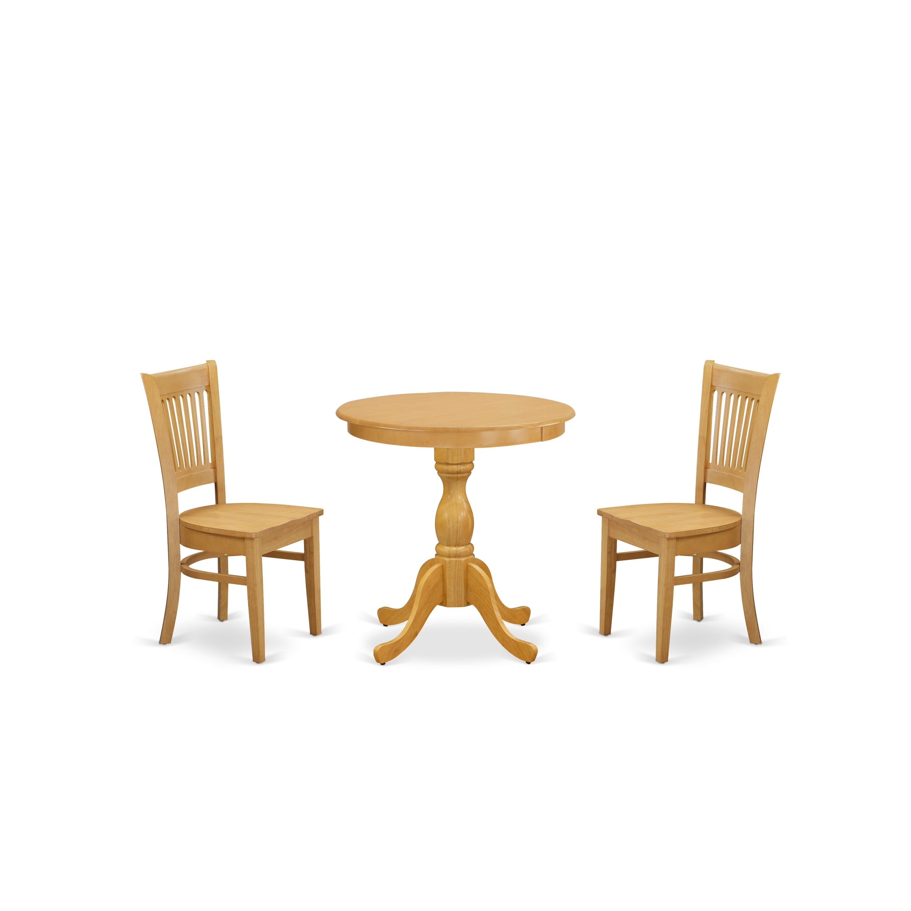 Juego de mesa de comedor moderna de 3 piezas ESVA3-OAK-W de East West Furniture. Contiene una mesa redonda de madera con pedestal y 2 sillas de comedor de cocina.