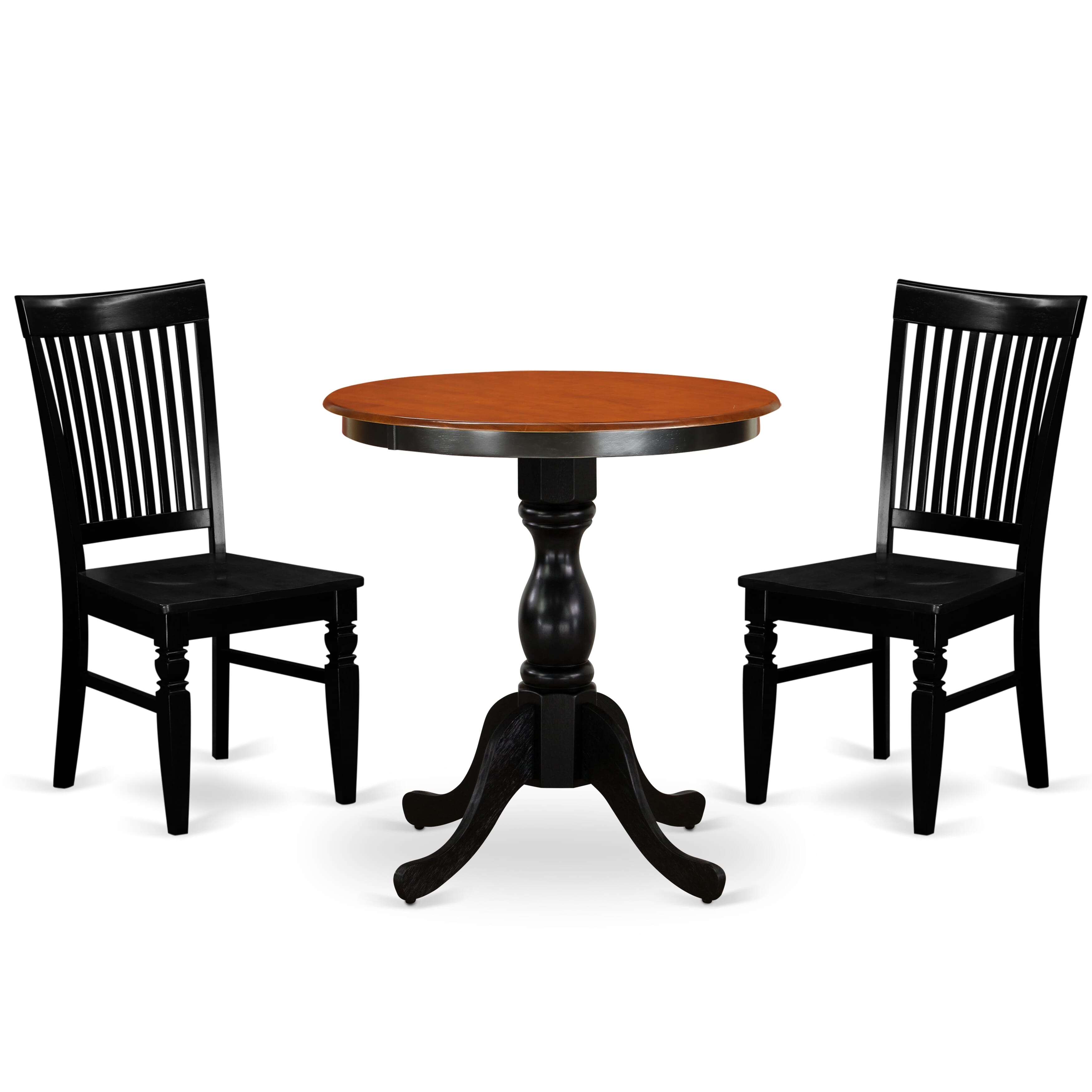 East West Furniture ESWE3-BCH-W 3-Piece Dining SetInclude a Wooden Dining Table and 2 Dining Chairs with Slatted Back - Black Finish