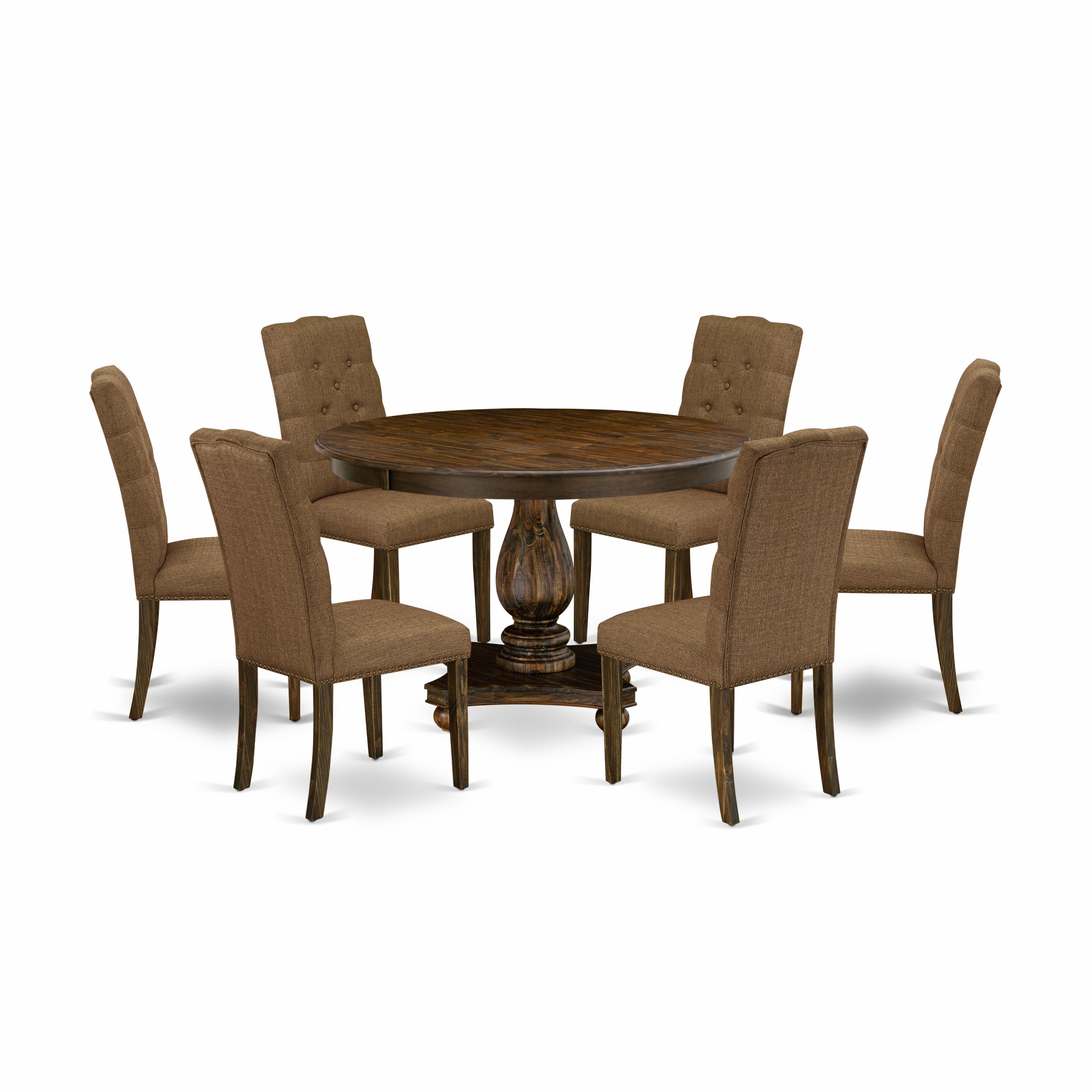 F2EL7-718 7 Piece Modern Dining Table Set Consists of a Wooden Table and 6 Brown Linen Fabric Parson Chairs with Button Tufted Back - Distressed Jacobean Finish