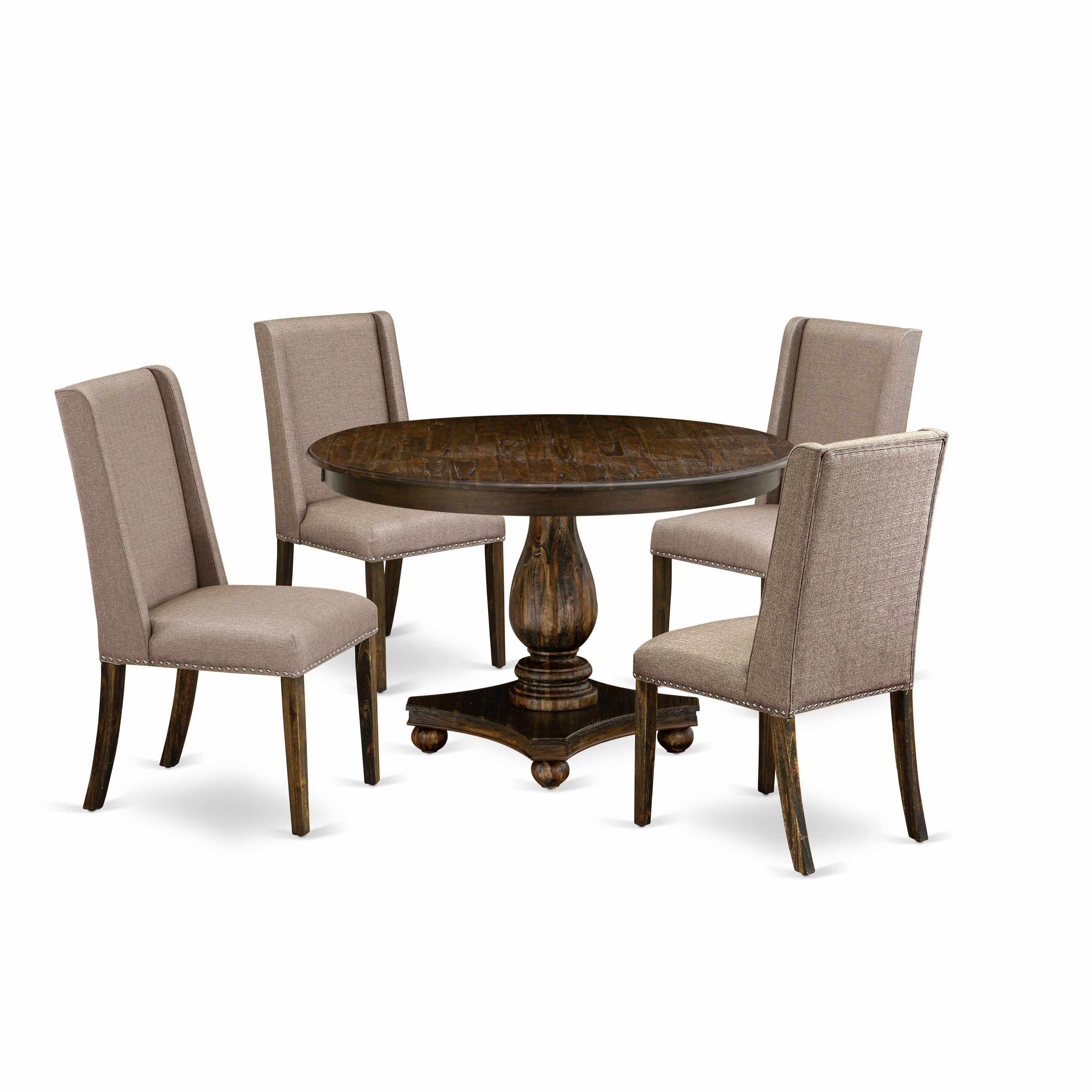 F2FL5-716 5 Piece Dining Room Table Set Includes a Modern Dining Table and 4 Dark Khaki Linen Fabric Parson Chairs with High Back - Distressed Jacobean Finish