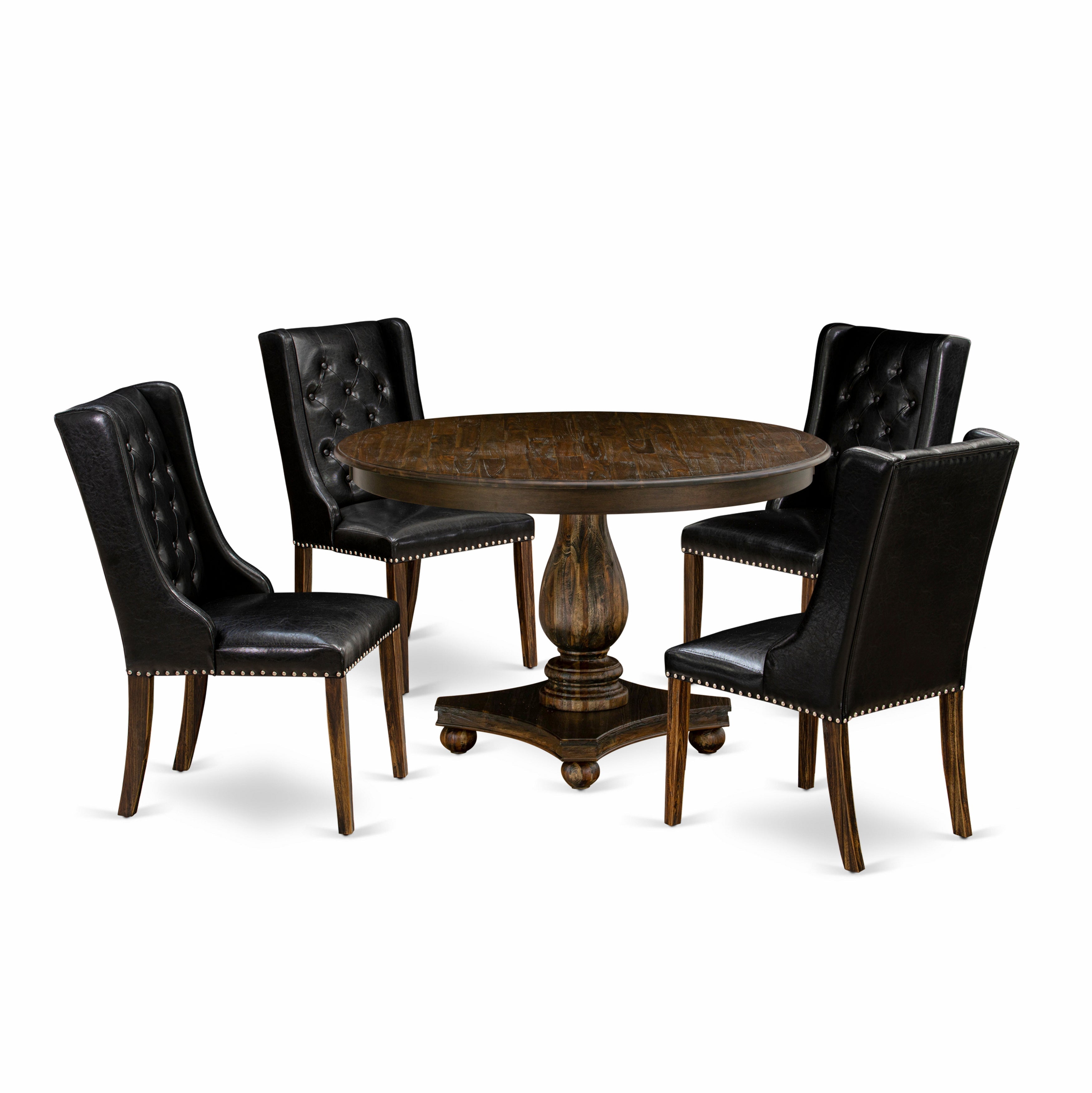 F2FO5-749 5 Piece Dining Room Table Set Includes a Modern Dining Table and 4 Black PU faux Leather Kitchen Chairs with Button Tufted Back - Distressed Jacobean Finish