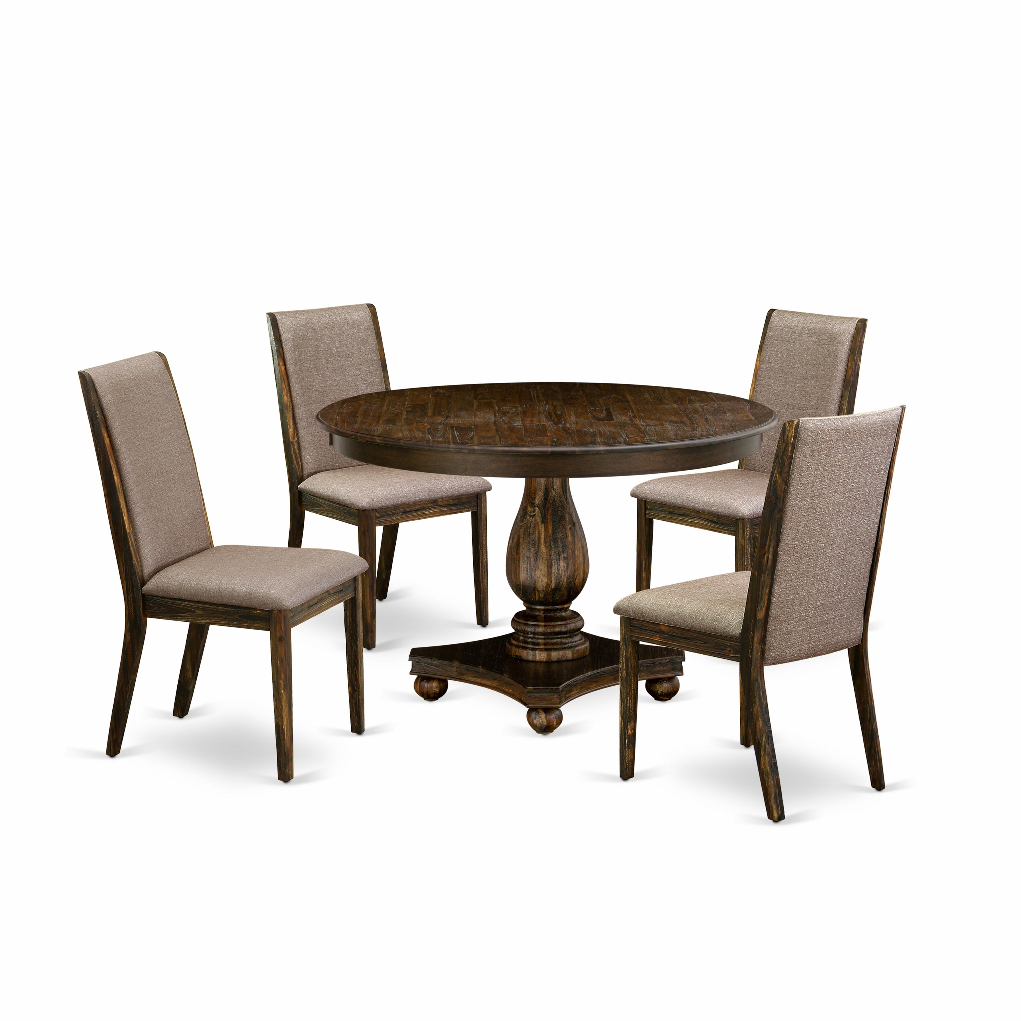F2LA5-716 5 Piece Dining Room Set Includes a Modern Dining Table and 4 Dark Khaki Linen Fabric Mid Century Dining Chairs with High Back - Distressed Jacobean Finish