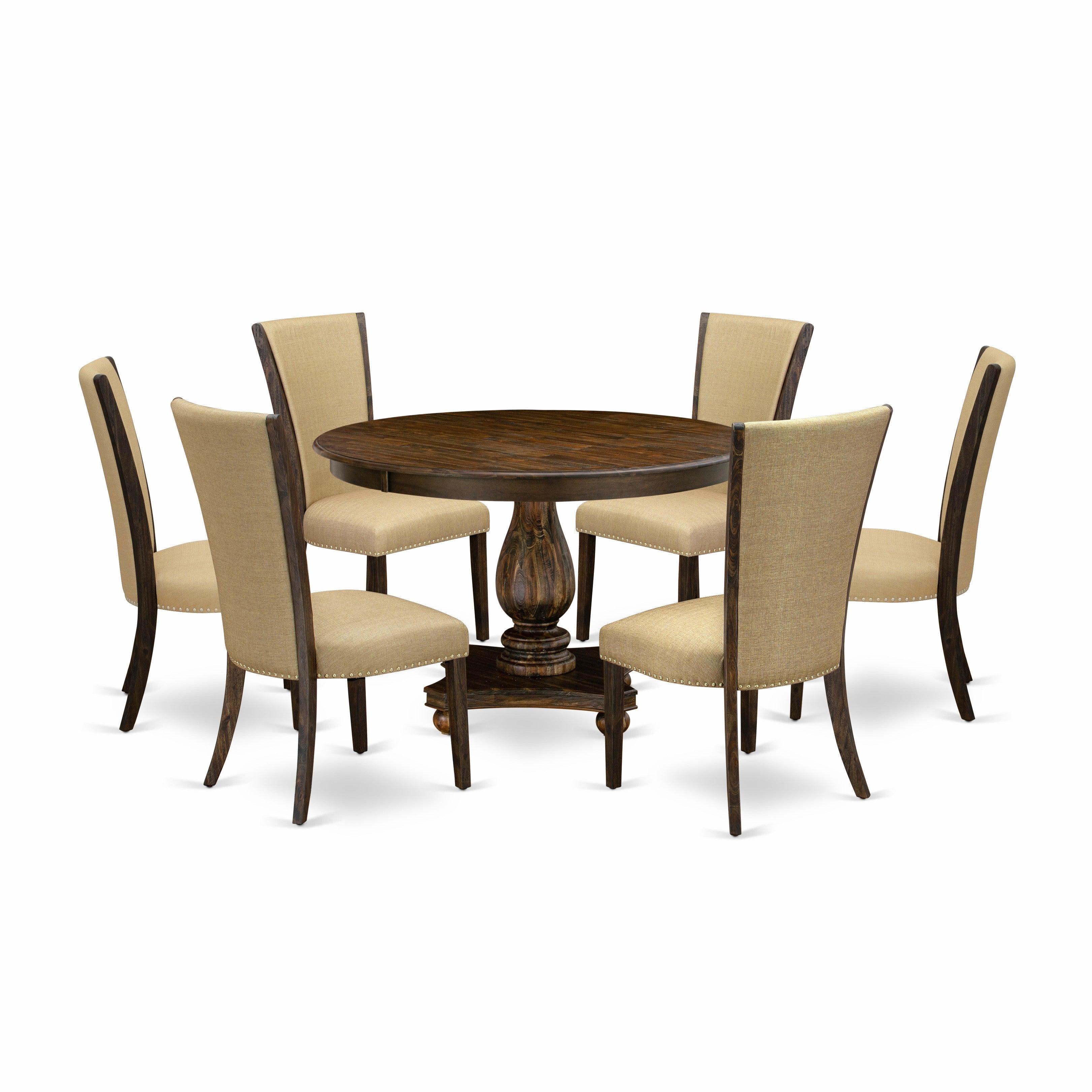East West Furniture F2VE7-703 7-Piece Modern Dining Set - Pedestal Dining Table and 6 Brown Color Parson Padded Chairs with High Back - Distressed Jacobean Finish