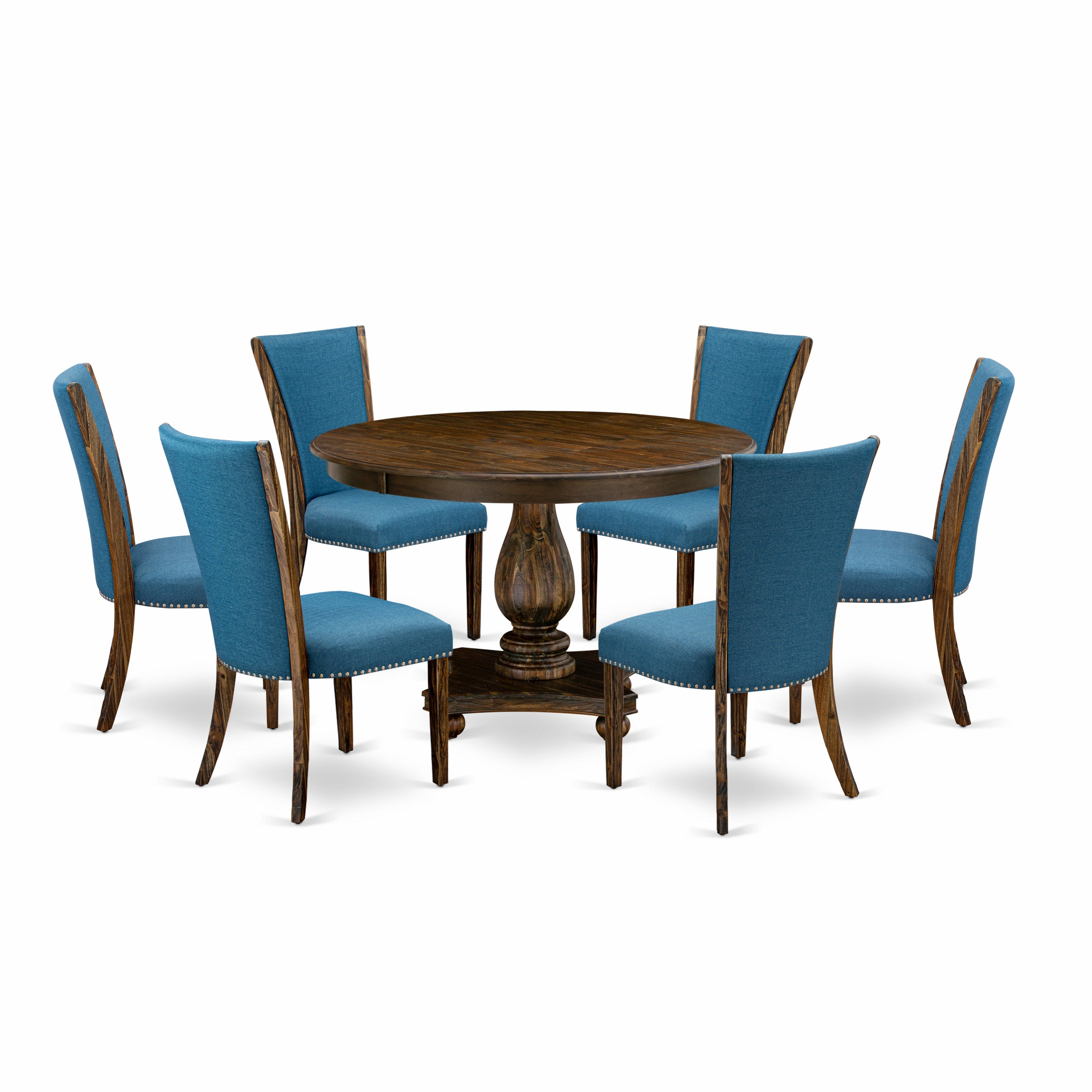 Juego de mesa de cocina de 7 piezas East West Furniture F2VE7-721 compuesto por una mesa de comedor redonda con pedestal y 6 sillas Parson de tela de lino azul.