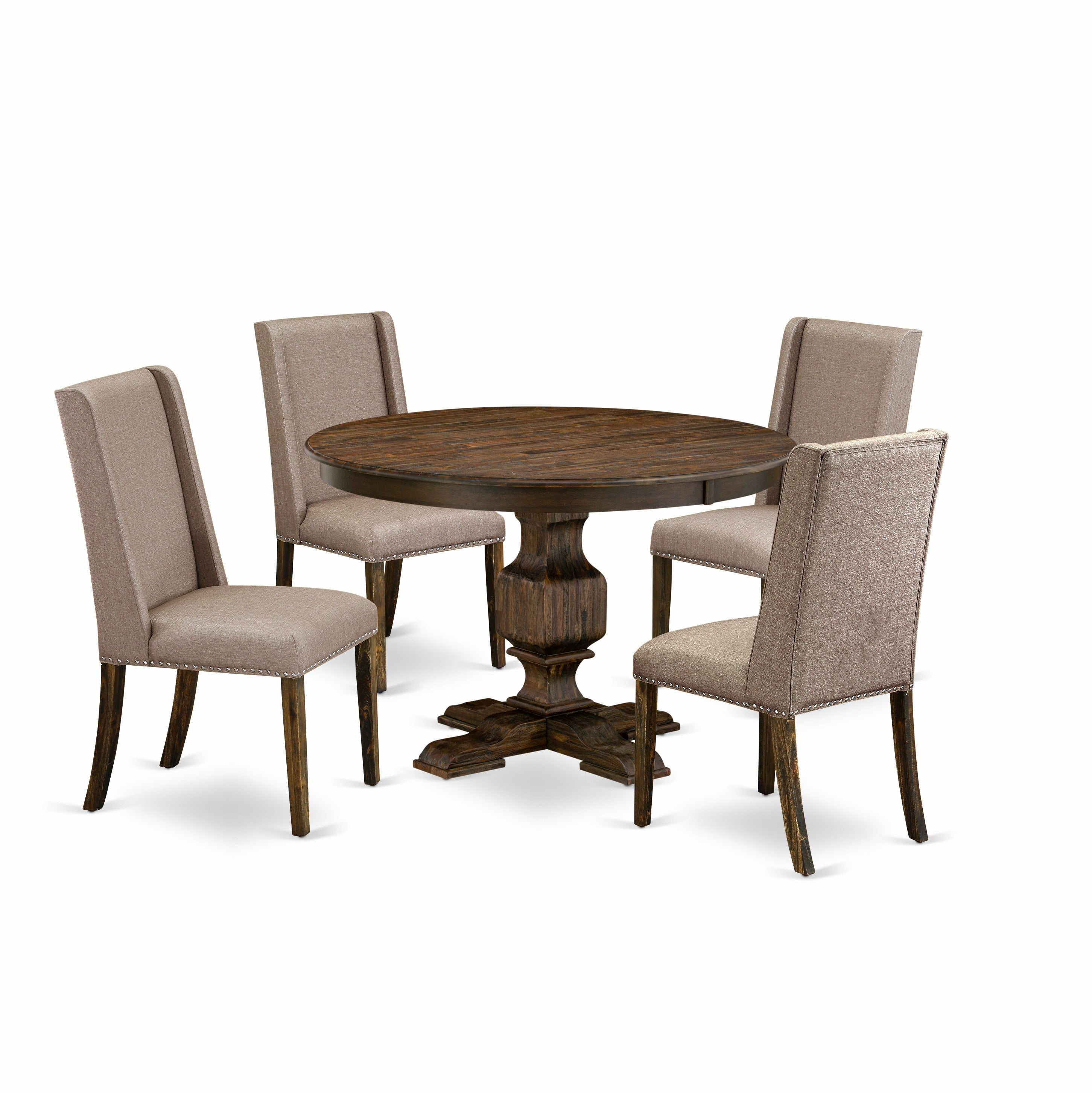 F3FL5-716 5 Piece Dining Set Contains a Modern Dining Table and 4 Dark Khaki Linen Fabric Modern Dining Chairs with High Back - Distressed Jacobean Finish