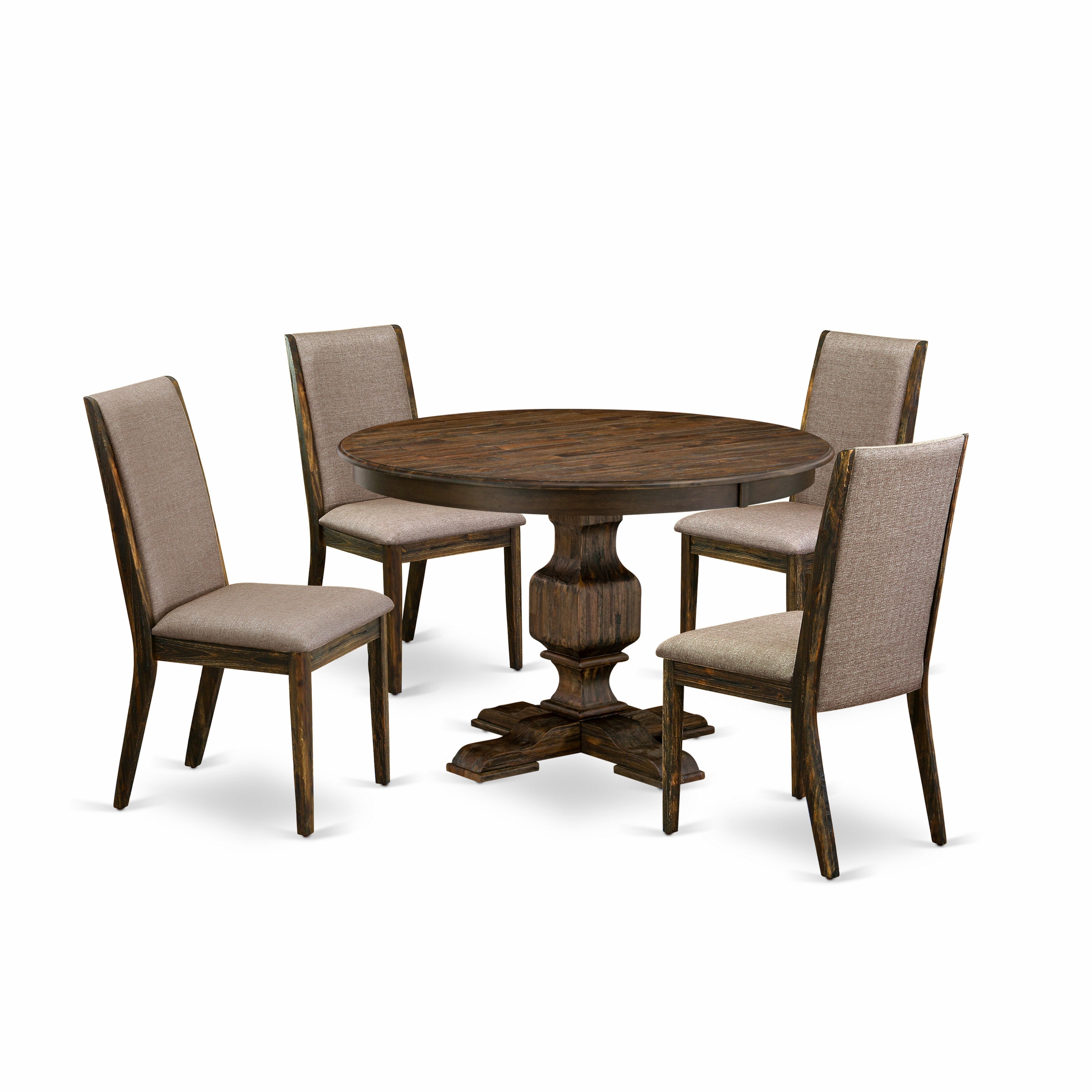 F3LA5-716 5 Piece Modern Dining Set Consists of a Modern Kitchen Table and 4 Dark Khaki Linen Fabric Mid Century Modern Dining Chairs with High Back - Distressed Jacobean Finish