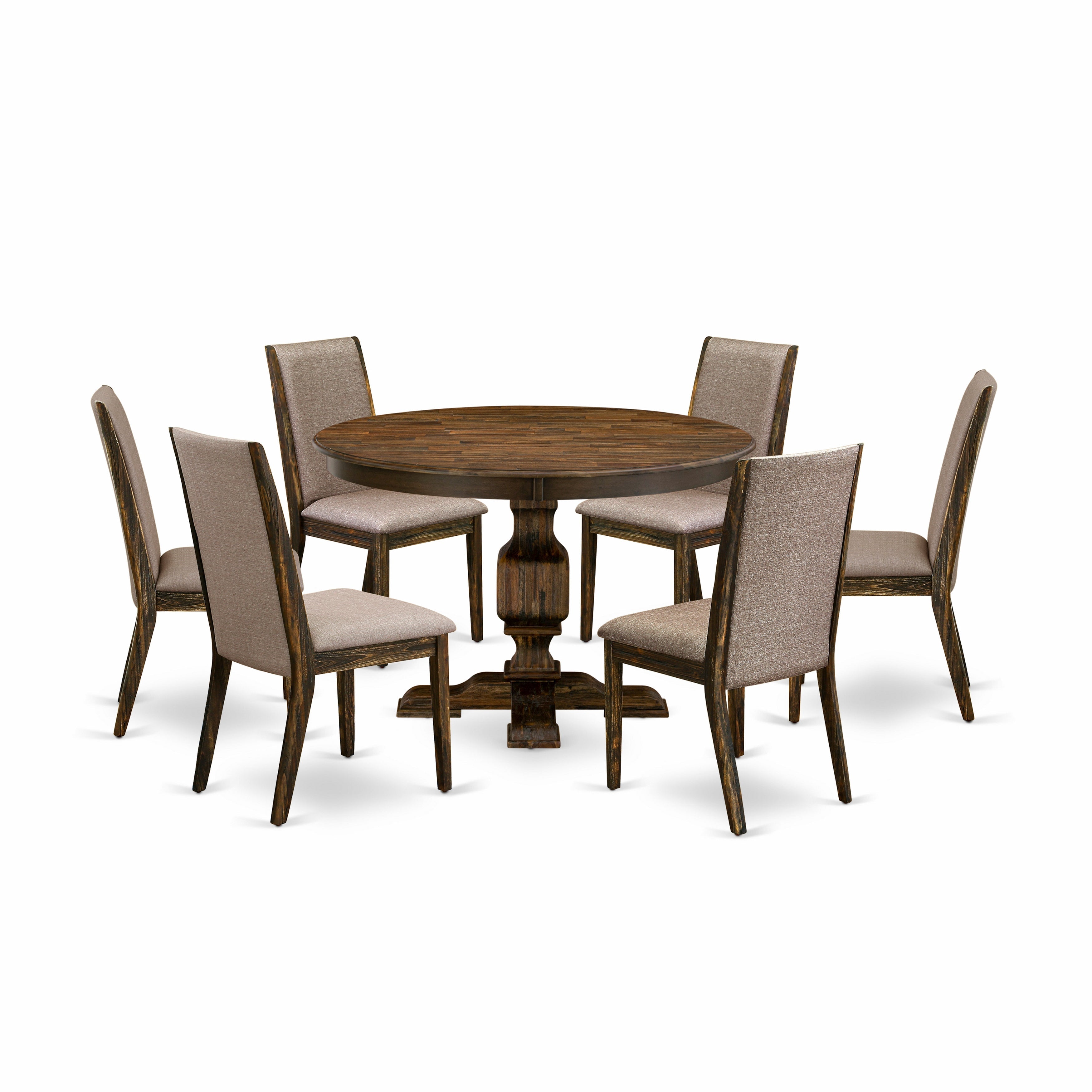 F3LA7-716 7 Piece Kitchen Table Set Contains a Kitchen Table and 6 Dark Khaki Linen Fabric Dining Room Chairs with High Back - Distressed Jacobean Finish