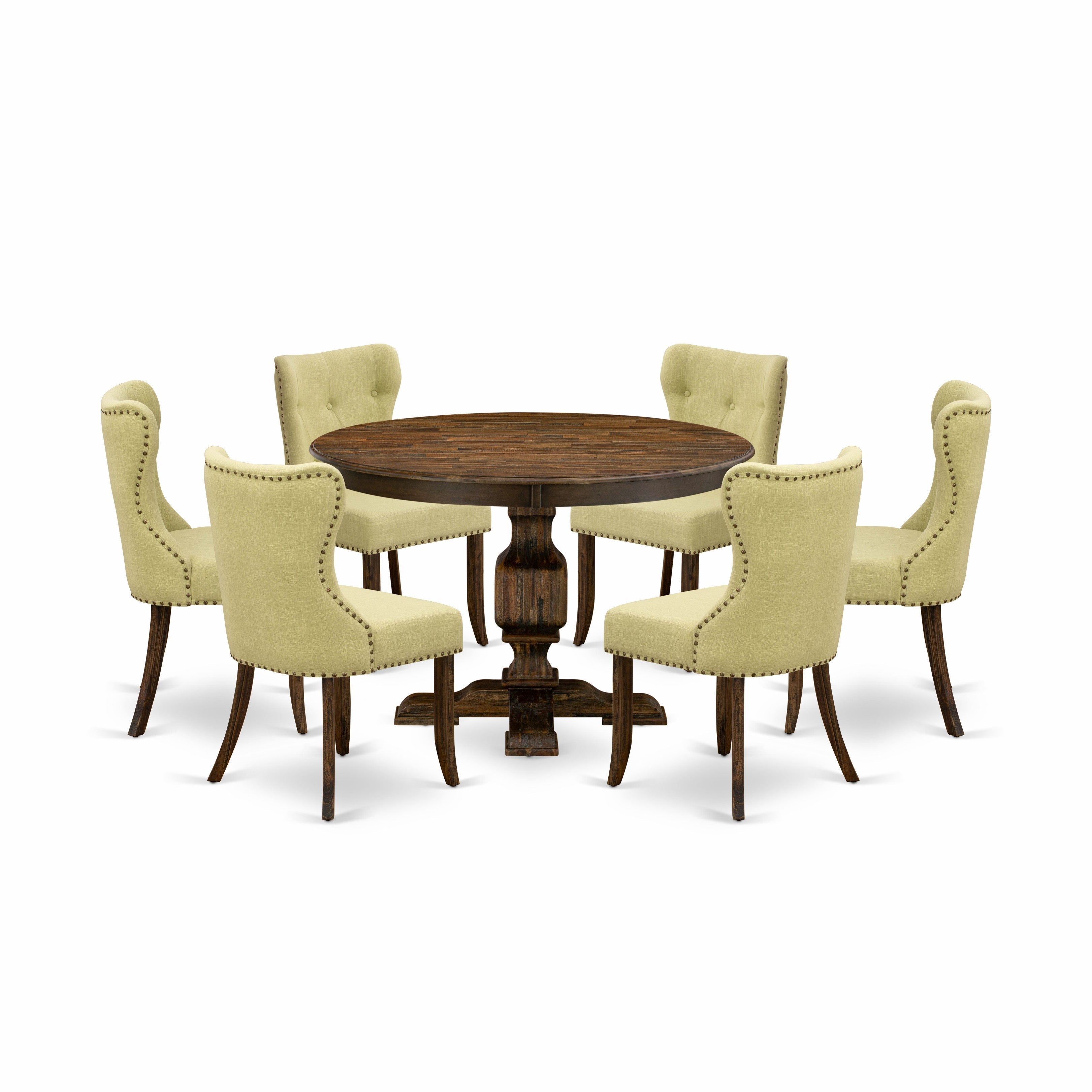 F3SI7-737 7-Pc Dining Room Table Set - Modern Pedestal Dining Table and 6 Limelight Color Parson Wood Chairs with Button Tufted Back - Distressed Jacobean Finish