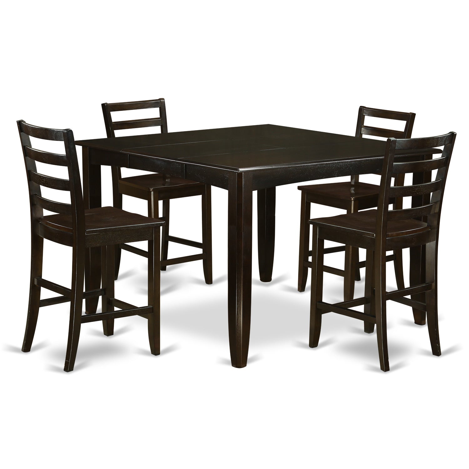 Juego de comedor de 5 piezas con altura de mostrador FAIR5-CAP-W de East West Furniture. Incluye una mesa de comedor cuadrada con pedestal y 4 sillas de cocina.