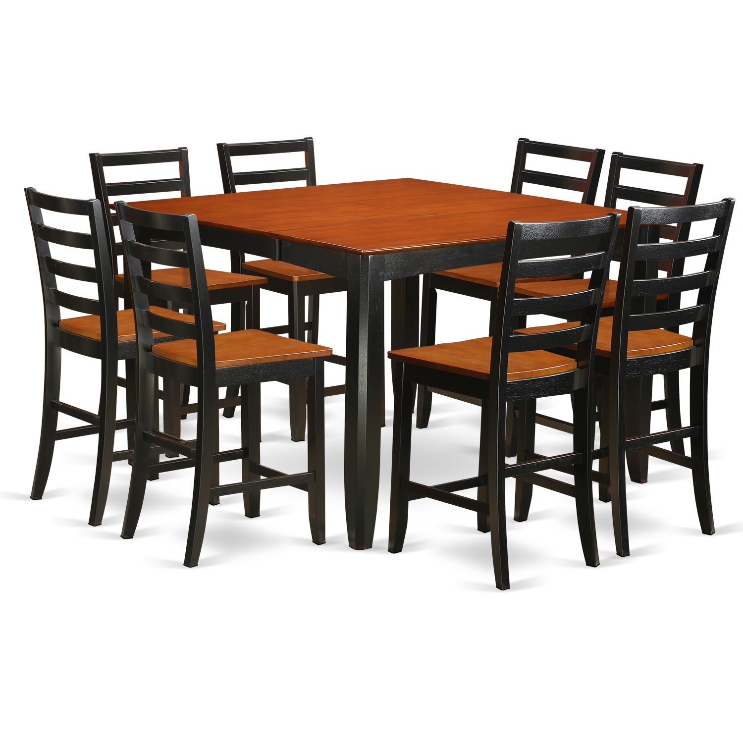 Juego de comedor de 9 piezas con altura de mostrador FAIR9-BLK-W de East West Furniture. Incluye una mesa de cocina cuadrada con pedestal y 8 sillas de comedor.