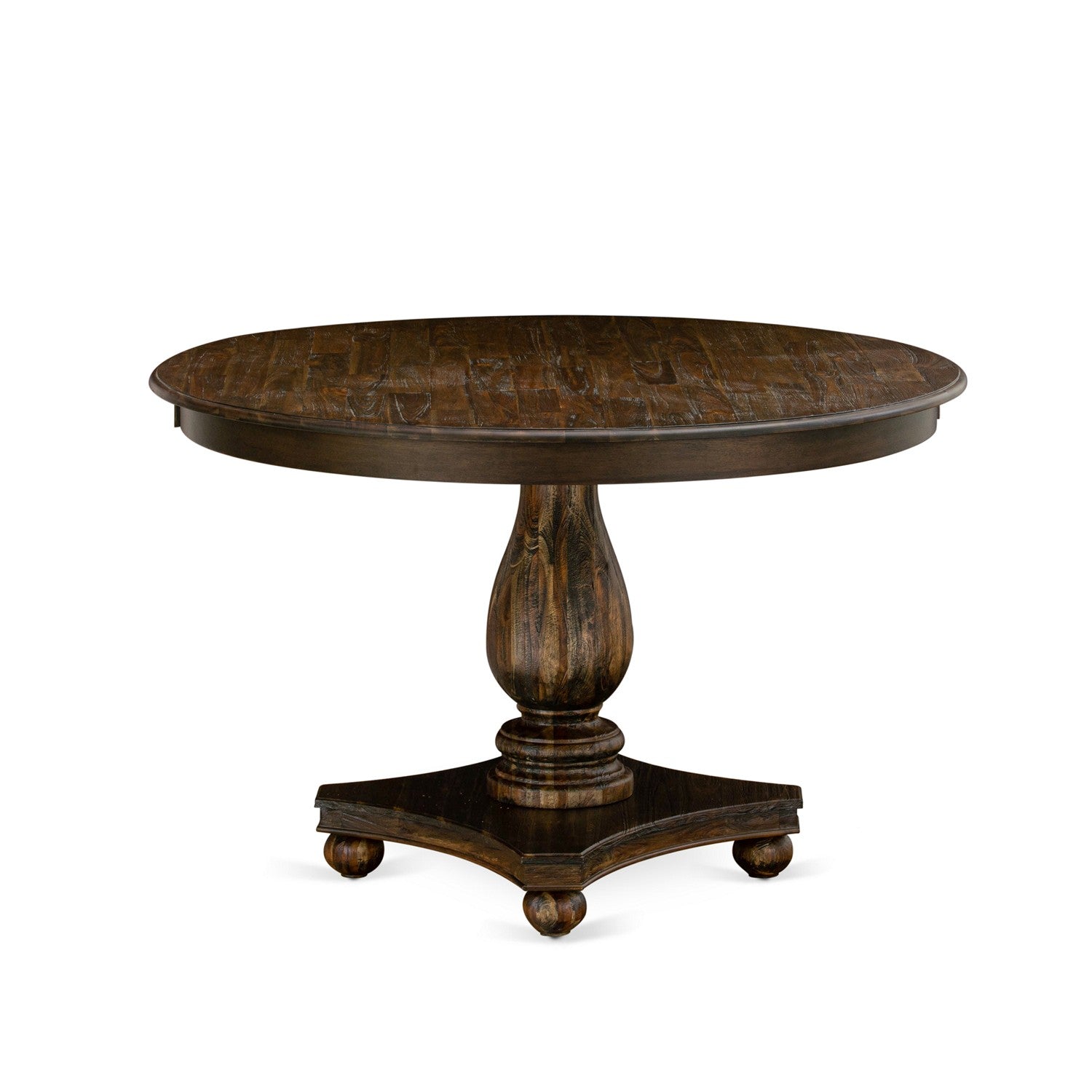 F2AB7-N35 7-Piece Dinette Set - Kitchen Pedestal Table and 6 Doeskin Color Parson Wood Chairs with High Back - Antique Walnut Finish