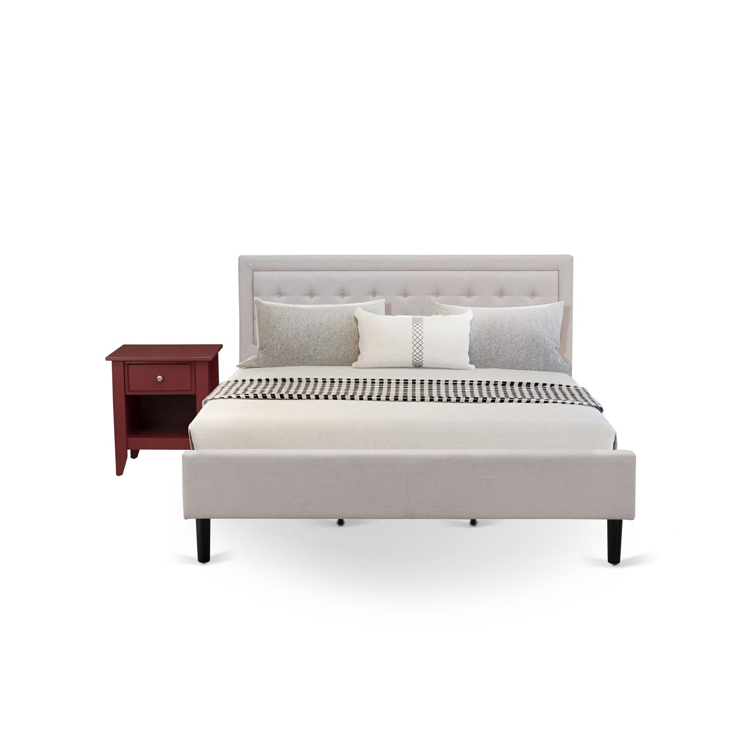 Juego de cama Fannin de 2 piezas FN08K-1GA13 con estructura de cama tamaño king y mesita de noche color burdeos - Fabricación confiable y duradera - Cama de tela de lino beige niebla