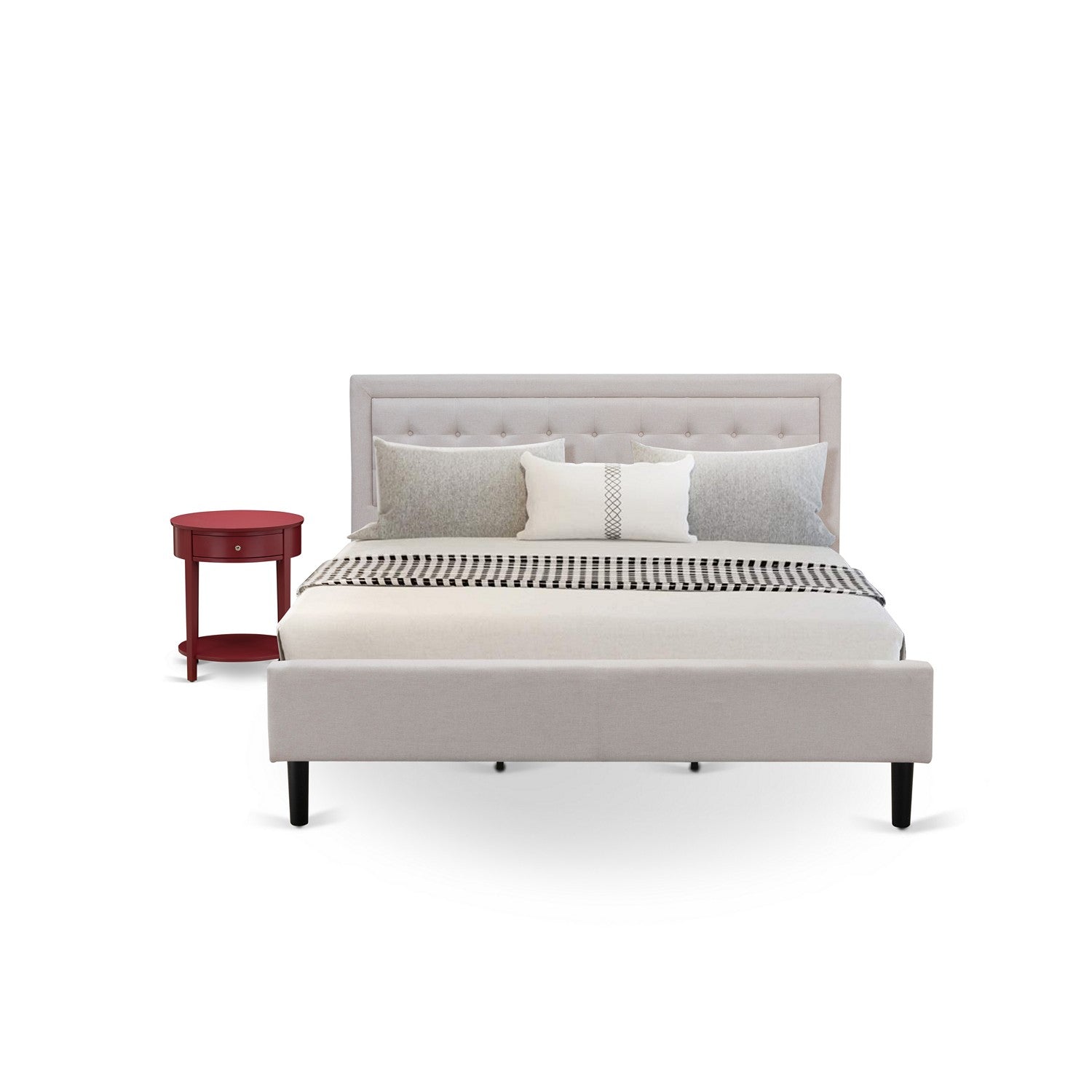Juego de dormitorio Fannin de madera de 2 piezas FN08K-1HI13 de East West Furniture con cama king size y mesita de noche de mediados de siglo. Construcción confiable y duradera. Tela de lino beige niebla.