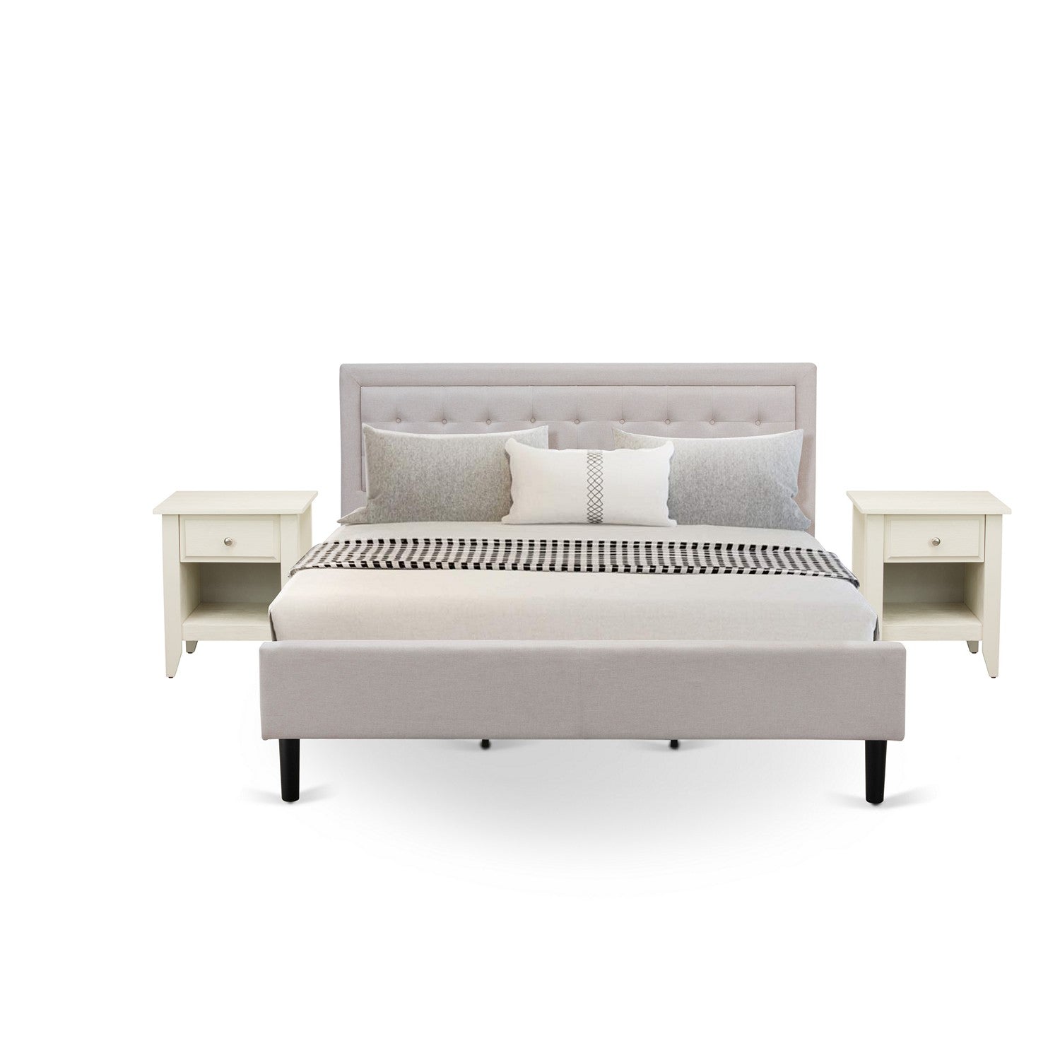 FN08K-2GA0C Juego de cama de 3 piezas tamaño king con plataforma, 1 base tamaño king y 2 mesitas de noche de mediados de siglo - Fabricación confiable y duradera - Tela de lino beige niebla