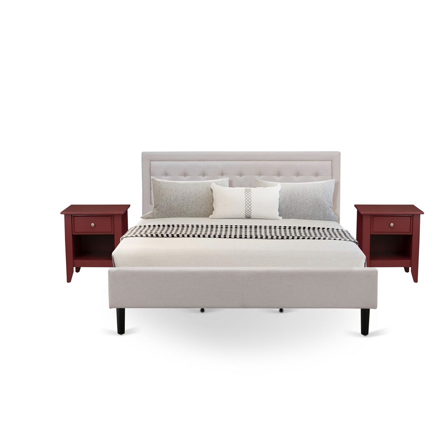 FN08K-2GA13 Juego de dormitorio Fannin de 3 piezas con 1 cama tamaño king y 2 mesitas de noche - Tela de lino beige niebla