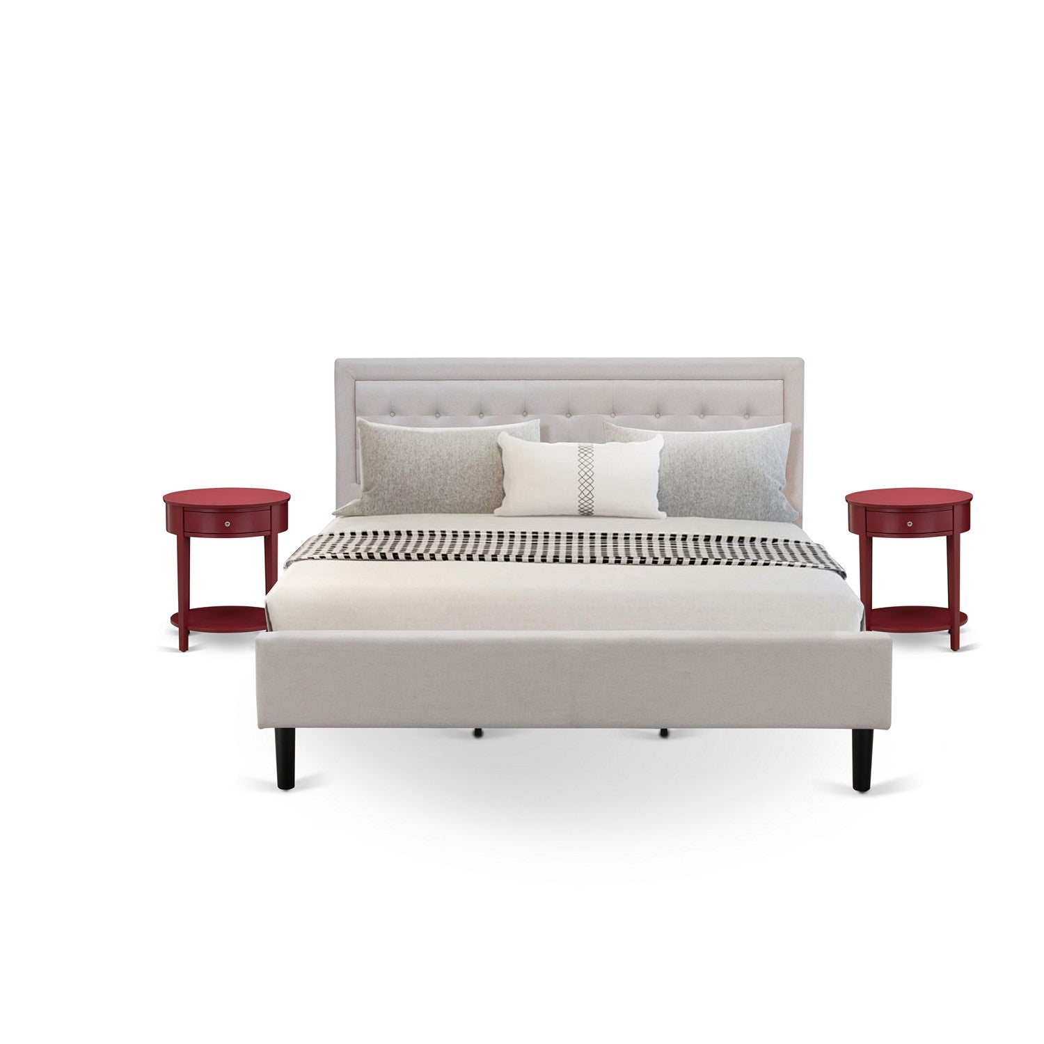 Juego de dormitorio Fannin de madera de 3 piezas FN08K-2HI13 de East West Furniture con una cama de mediados de siglo y dos mesitas de noche modernas de mediados de siglo. Construcción fiable y duradera. Tela de lino beige niebla.