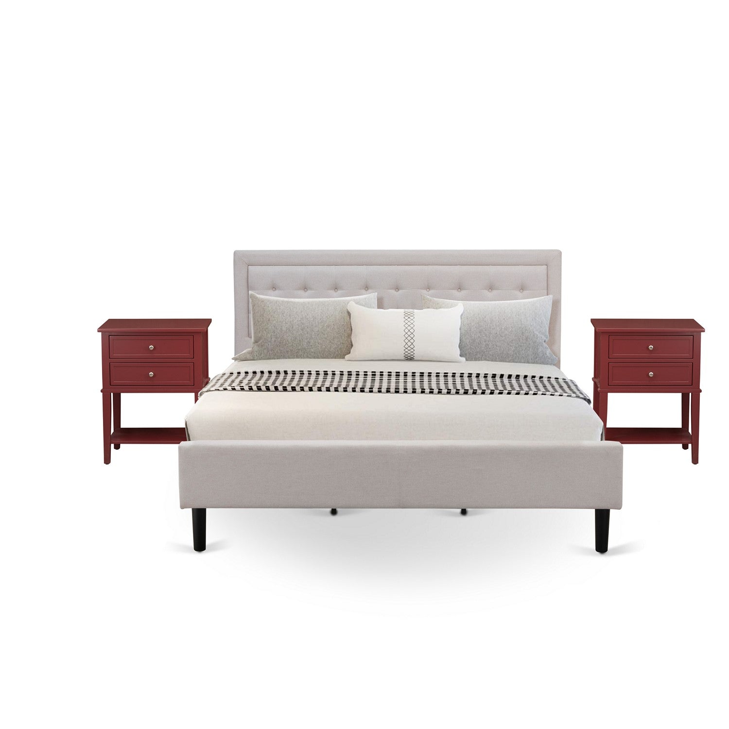 Juego de dormitorio Fannin King de 3 piezas FN08K-2VL13 con 1 cama King y 2 mesitas auxiliares - Fabricación fiable y duradera - Tela de lino beige niebla