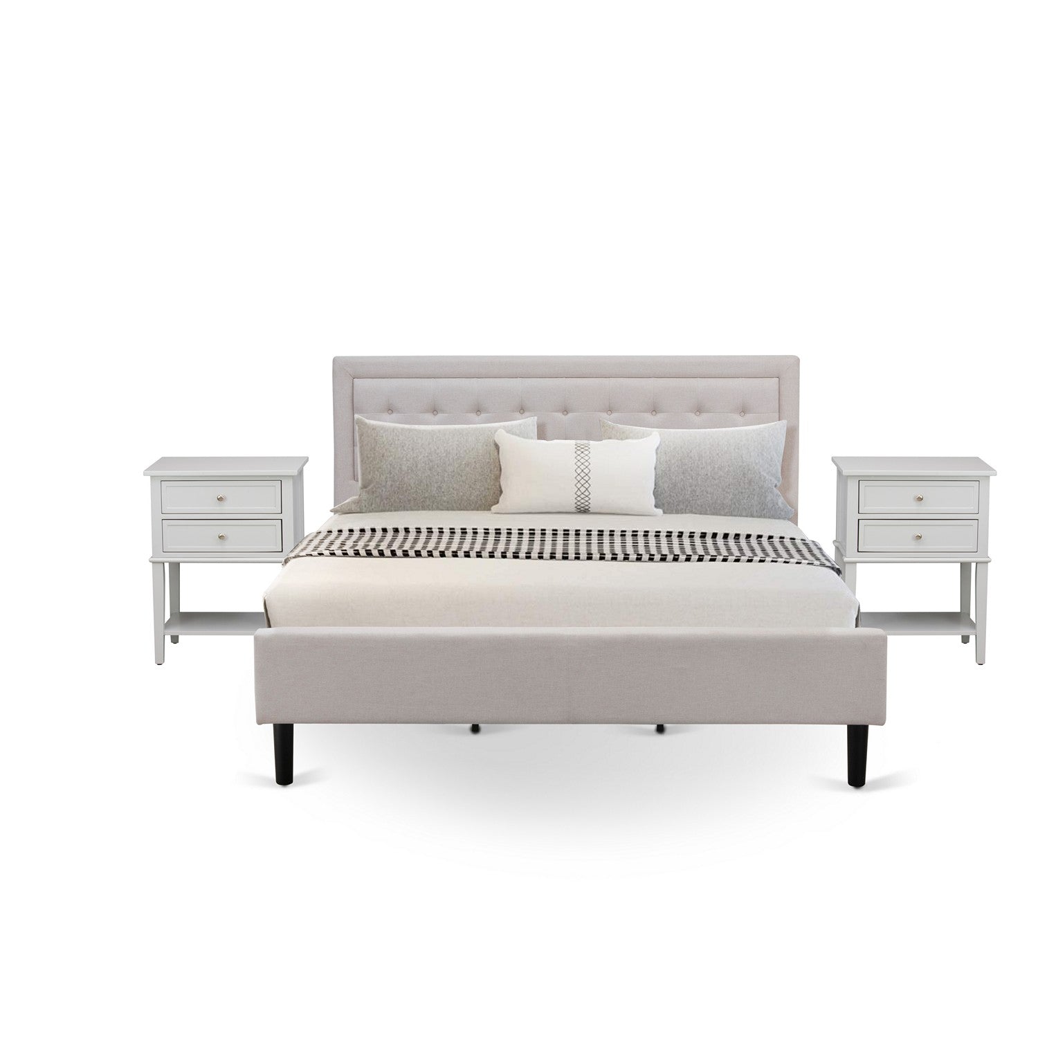 FN08K-2VL14 Juego de dormitorio de 3 piezas tamaño king con plataforma, una cama de mediados de siglo y dos mesitas de noche - Fabricación confiable y duradera - Tela de lino beige niebla