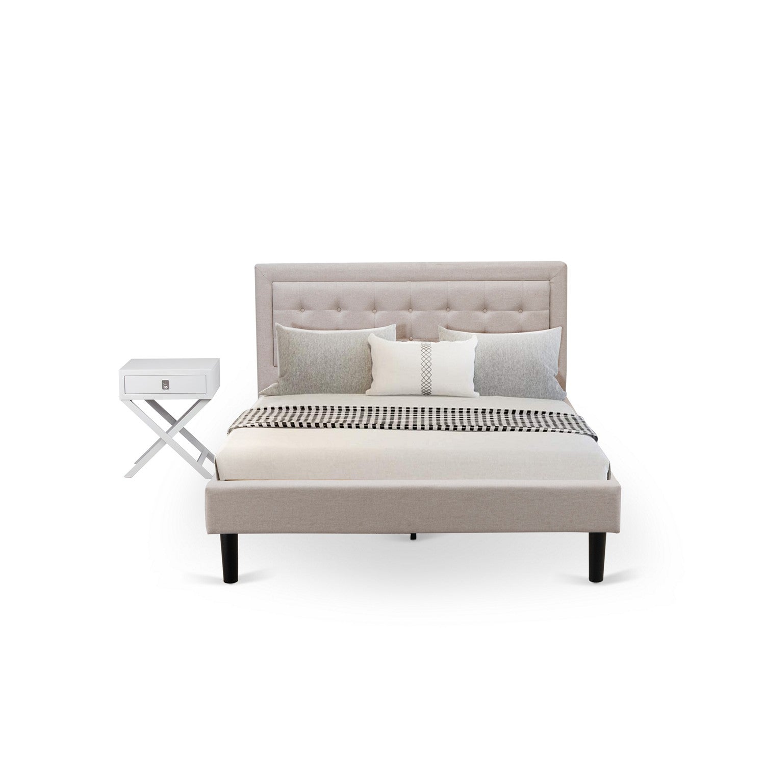 Juego de cama Fannin Queen de 2 piezas FN08Q-1HAE0 de East West Furniture con estructura de madera Queen y mesita de noche - Tela de lino beige niebla