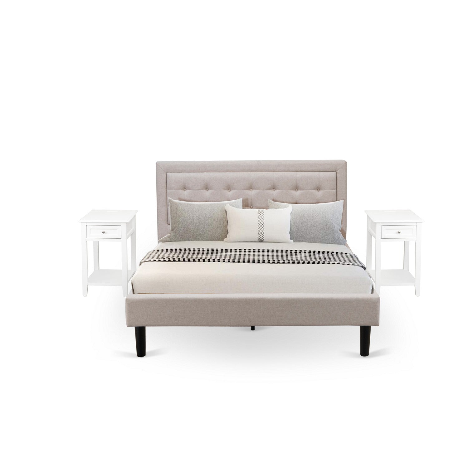 East West Furniture FN08Q-2DE05 3-Piece Platform Queen Bedroom Set with 1 Upholstered Bed and 2 Small Nightstands - Mist Beige Linen Fabric