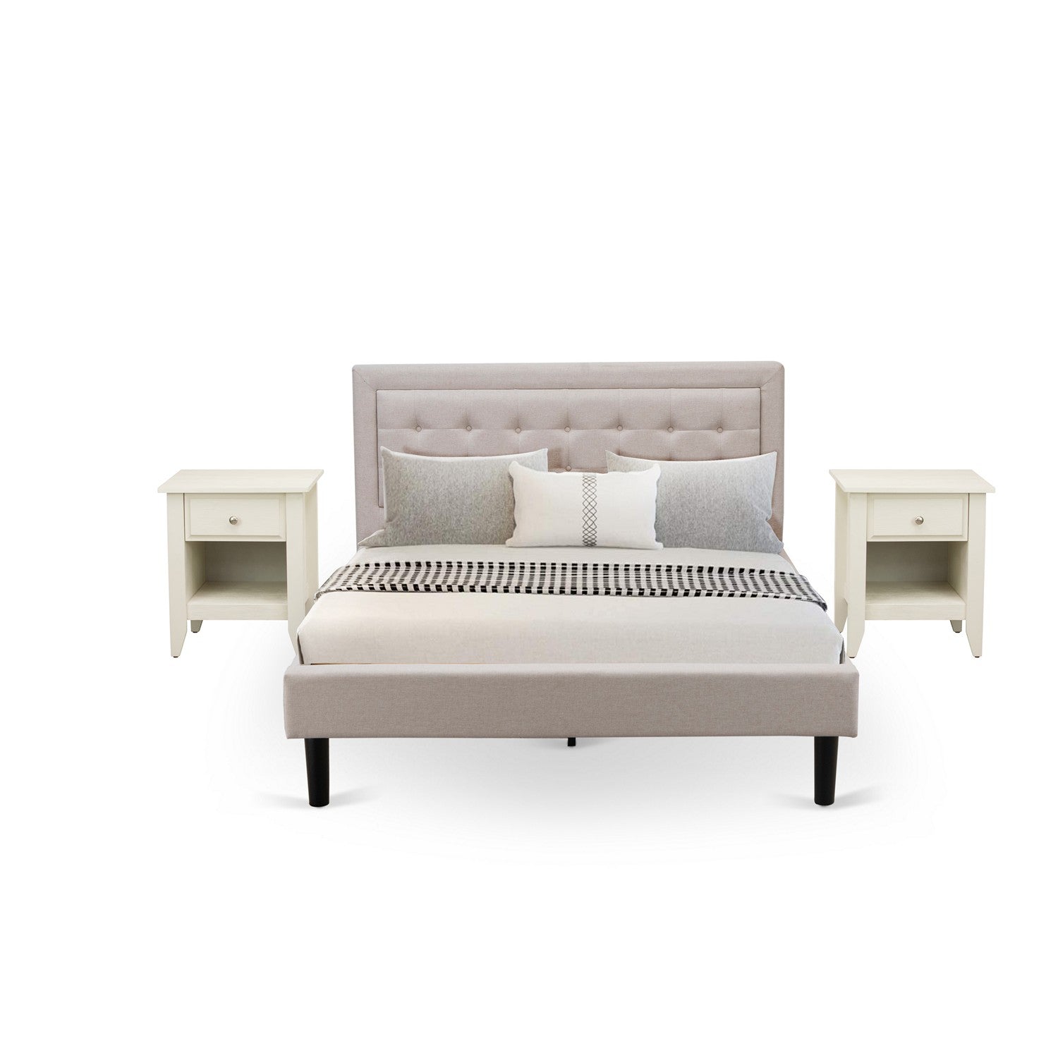 Juego de dormitorio Fannin de 3 piezas East West Furniture FN08Q-2GA0C con 1 cama tamaño queen y 2 mesitas de noche de mediados de siglo - Tela de lino beige niebla