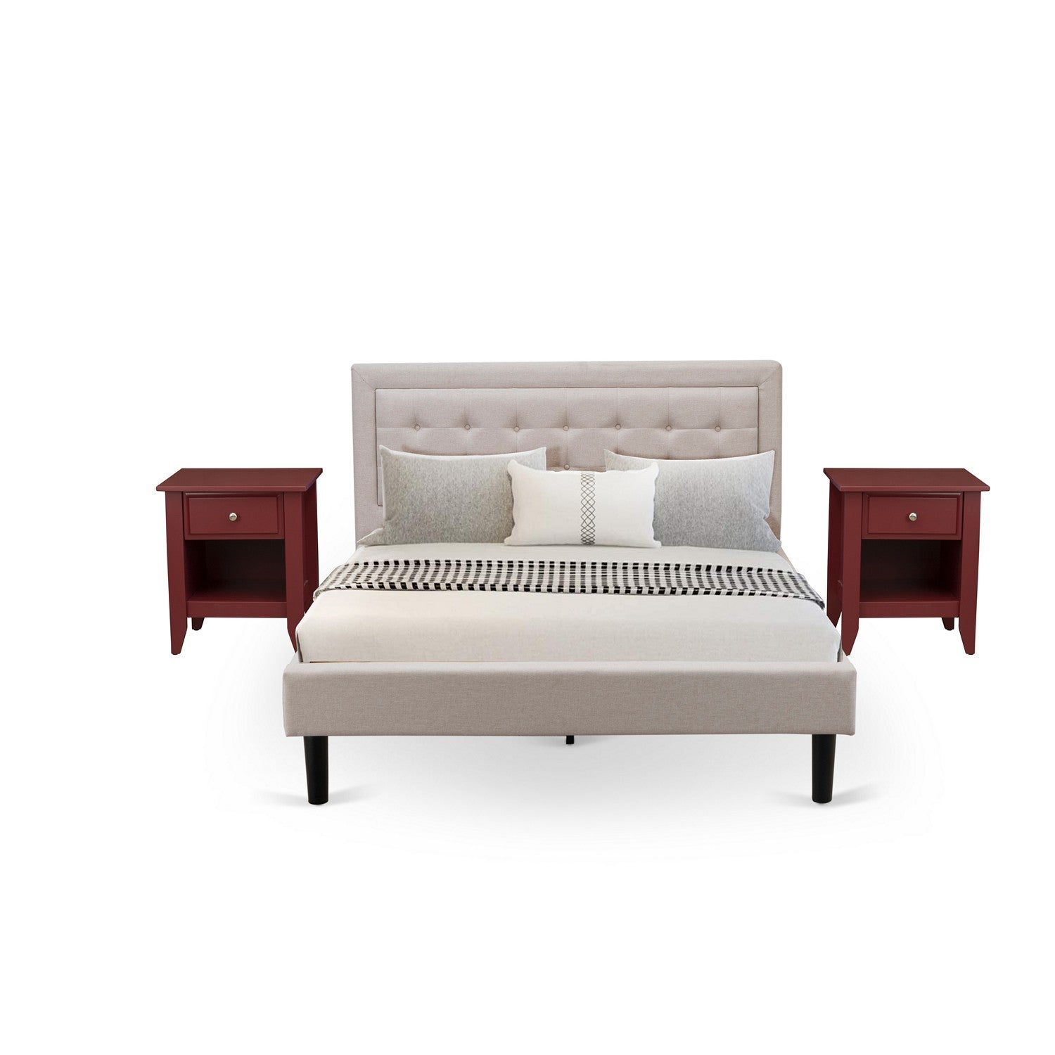 Juego de dormitorio Fannin de 3 piezas East West Furniture FN08Q-2GA13 con una cama con respaldo alto y dos mesitas de noche - Tela de lino beige niebla