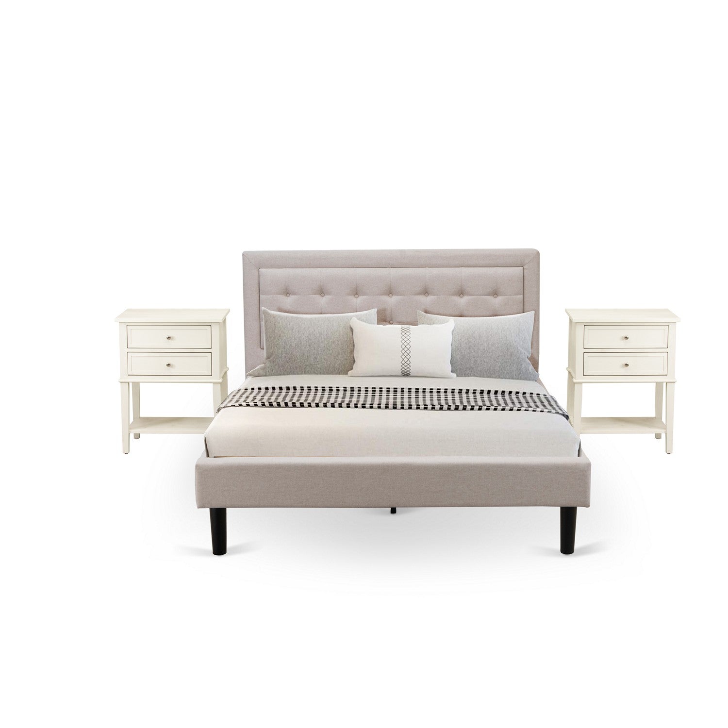 East West Furniture FN08Q-2VL0C 3-Piece Platform Bedroom Set with 1 Queen Size Bed Frame and 2 Small End Tables - Reliable and Durable Manufacturing - Mist Beige Linen Fabric