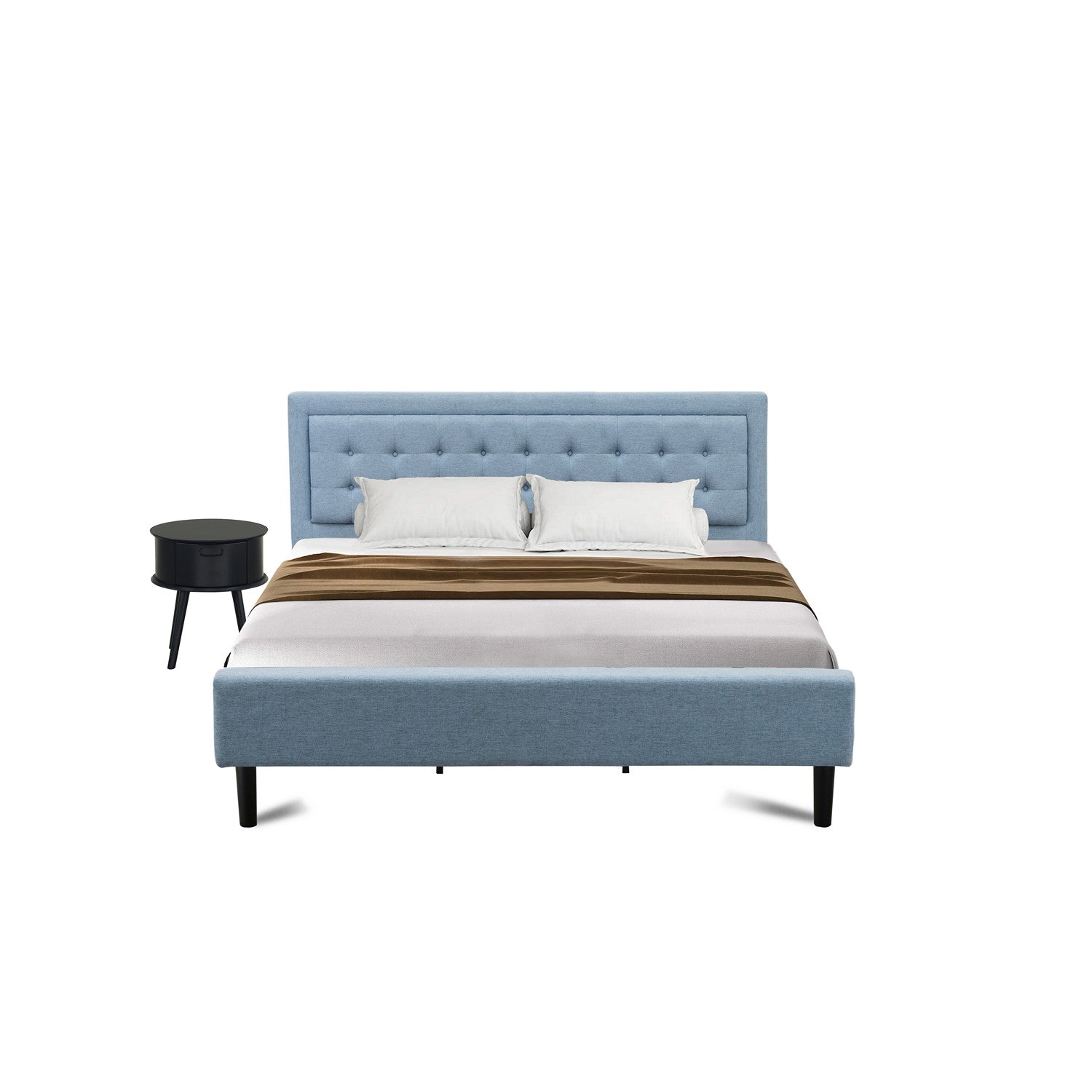 Juego de cama de dos piezas tamaño king con plataforma East West Furniture FN11K-1GO15, con una cama de mediados de siglo y una mesita de noche azul marino. Construcción confiable y duradera. Cama de tela de lino azul denim.