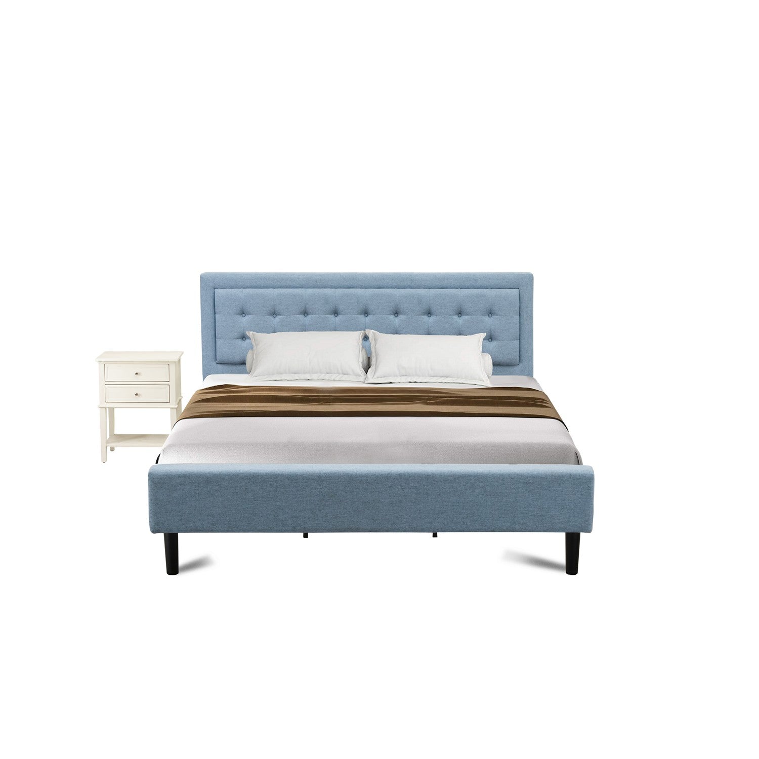 FN11K-1VL0C Juego de cama de dos piezas con plataforma, una cama tamaño king y una mesita de noche pequeña. Construcción confiable y duradera. Tela de lino azul denim.