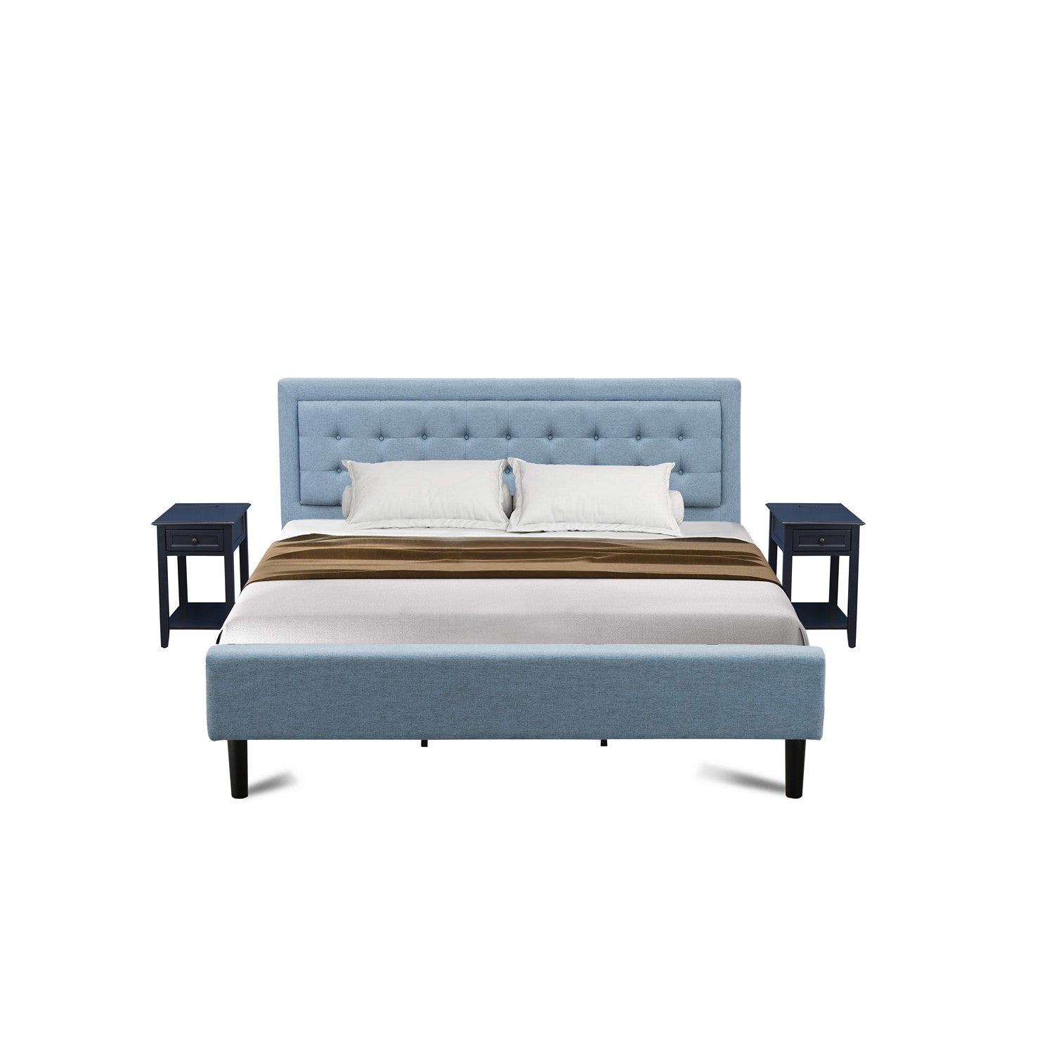 Juego de dormitorio Fannin King de 3 piezas East West Furniture FN11K-2DE15 con una base King y dos mesitas de noche modernas - Fabricación confiable y duradera - Tela de lino azul denim