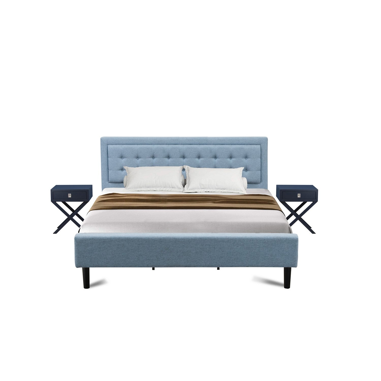 Juego de dormitorio de plataforma de 3 piezas East West Furniture FN11K-2HA15 con 1 cama moderna y 2 mesitas de noche - Construcción confiable y duradera - Tela de lino azul denim